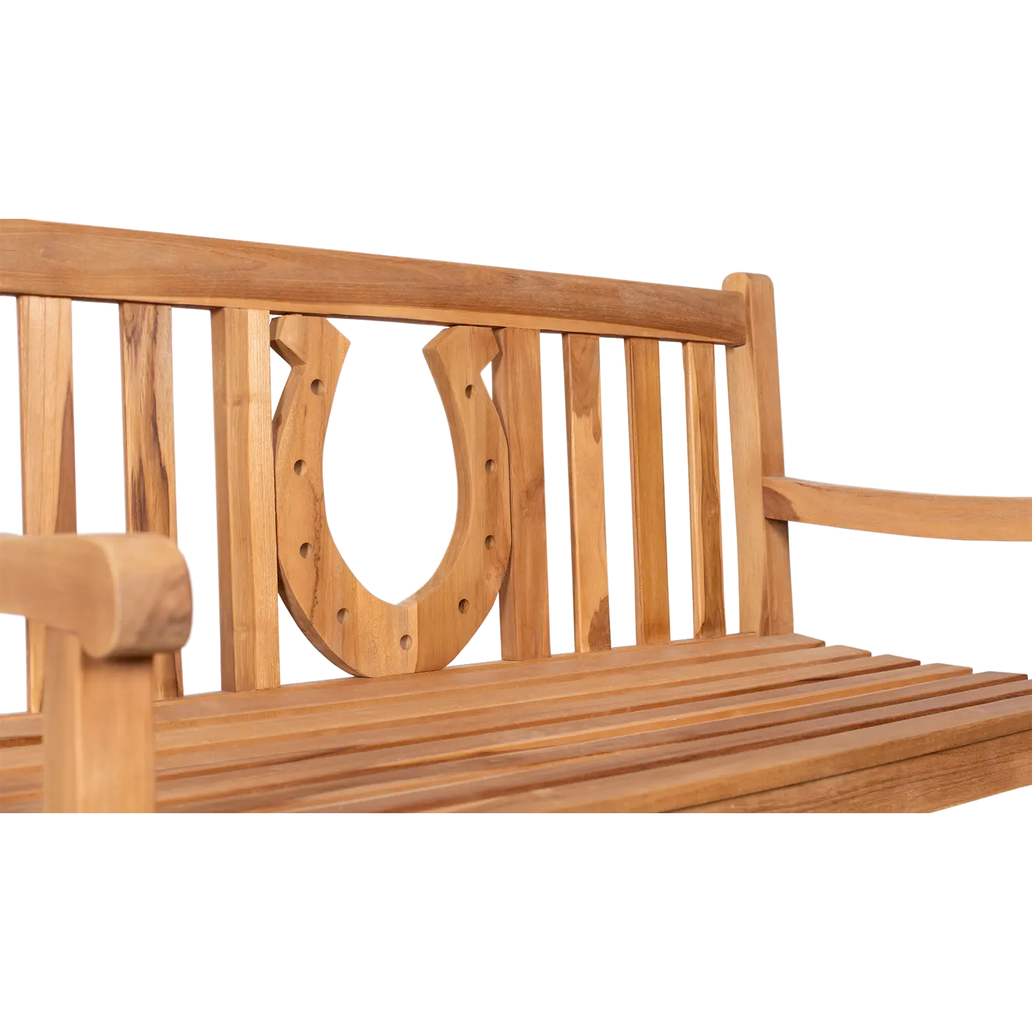 Wetterfeste Gartenbank aus Teak mit Hufeisen-Motiv in der Rückenlehne.