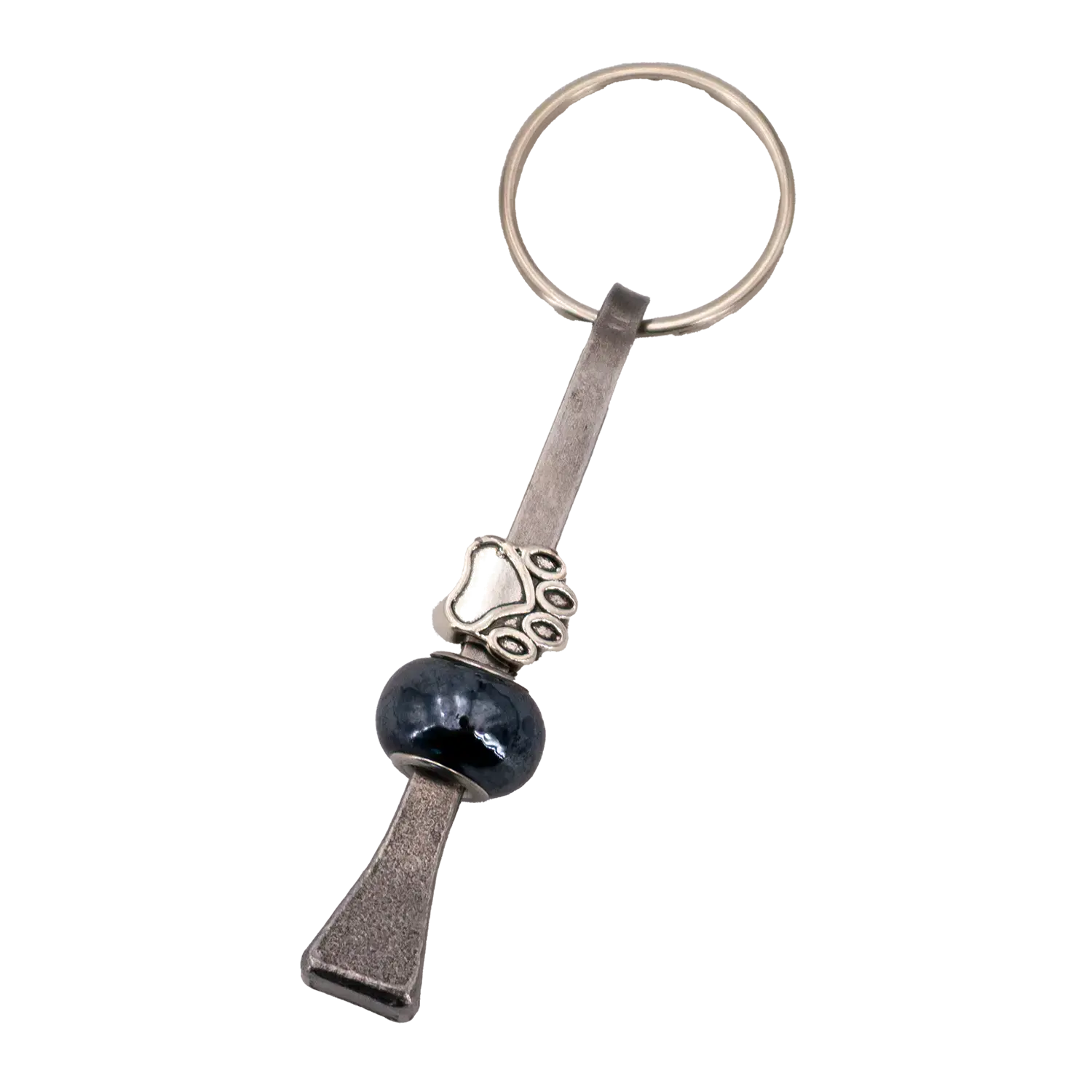 Hufnagel Schlüsselanhänger mit Pfote, silbernem Charme dunkler Perle - Geschenk-Idee