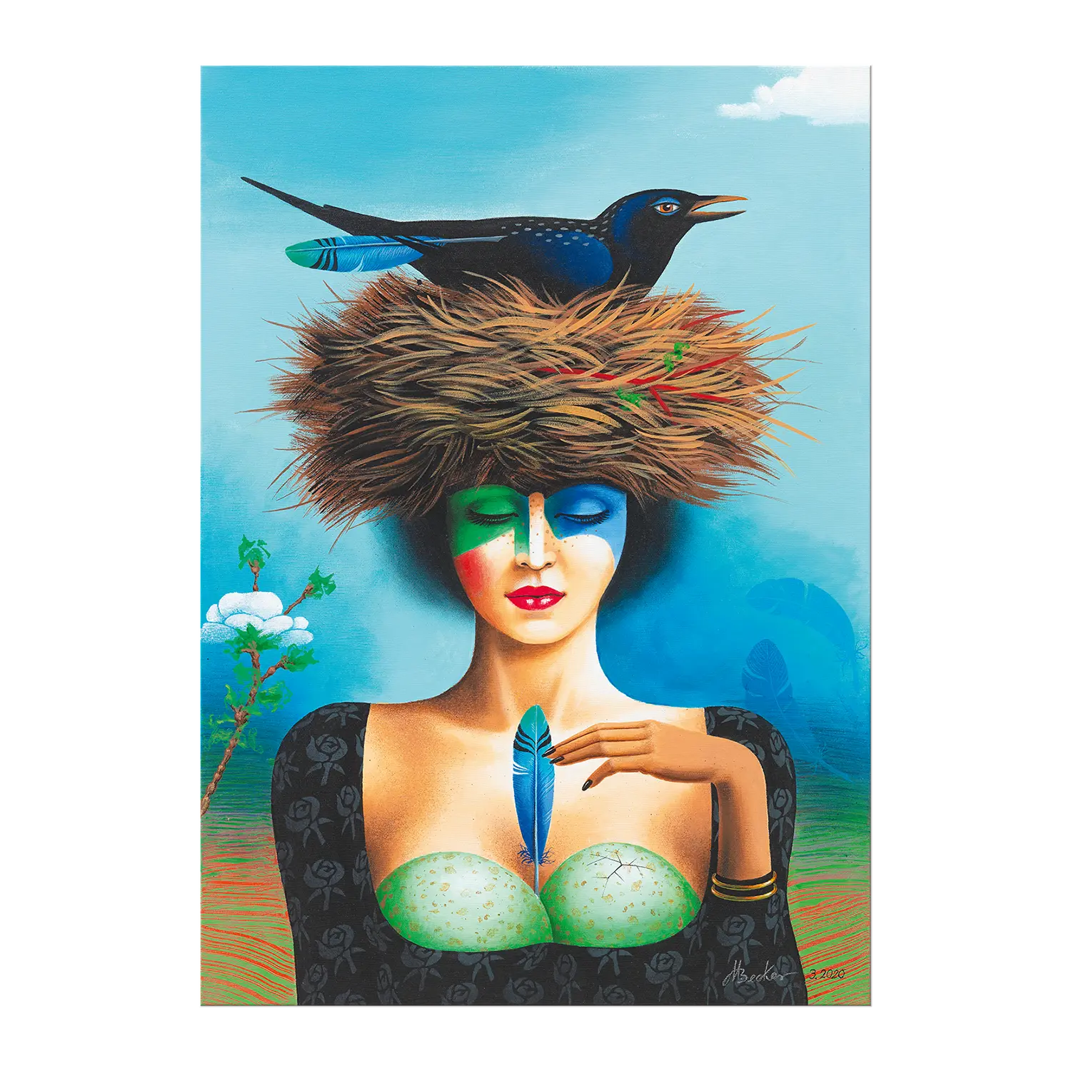 Das Bild „Im Schutz der blauen Feder“ von Michael Becker zeigt eine stilisierte, abstrakte Darstellung, die durch kräftige Farben und klare Formen geprägt ist. Im Zentrum des Werks dominiert eine große, tiefblaue Feder, die schützend über eine menschliche Figur oder Silhouette zu schweben scheint.