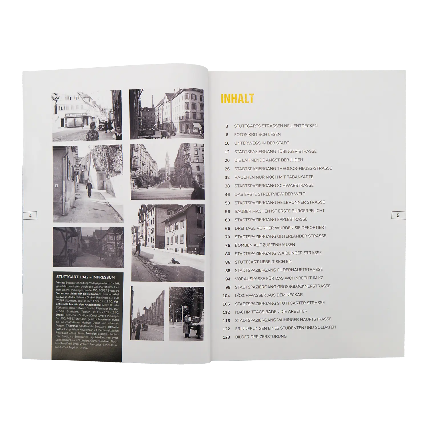 Stuttgart 1942 - Ausgabe 2022 offen auf Tisch, gelbe Markierung auf Stadtarchiv.