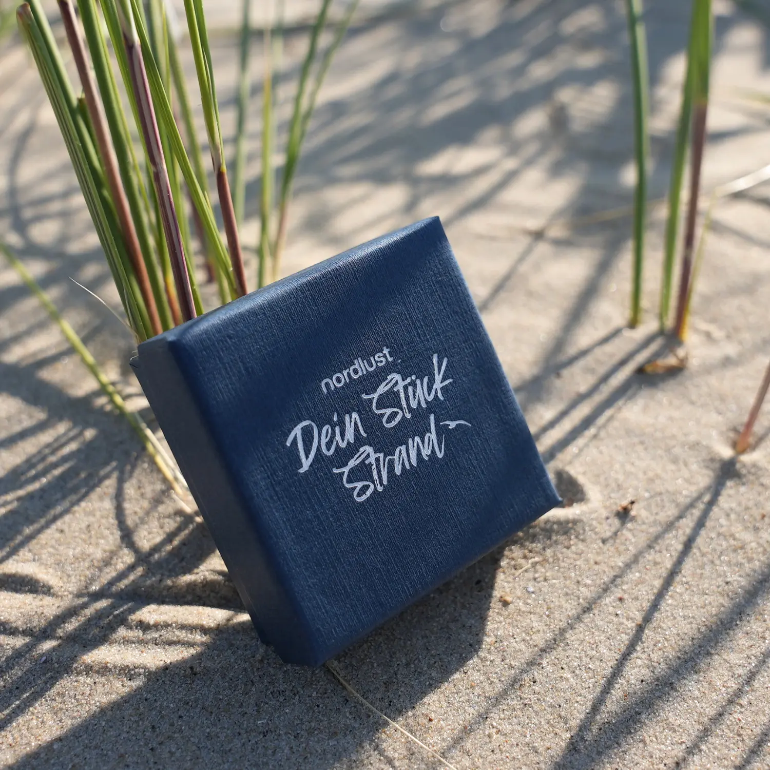 Eine blaue Schachtel mit der Aufschrift "Kettenanhänger Seestern mit Kugelkette" auf Sand in der Nähe von Gras.