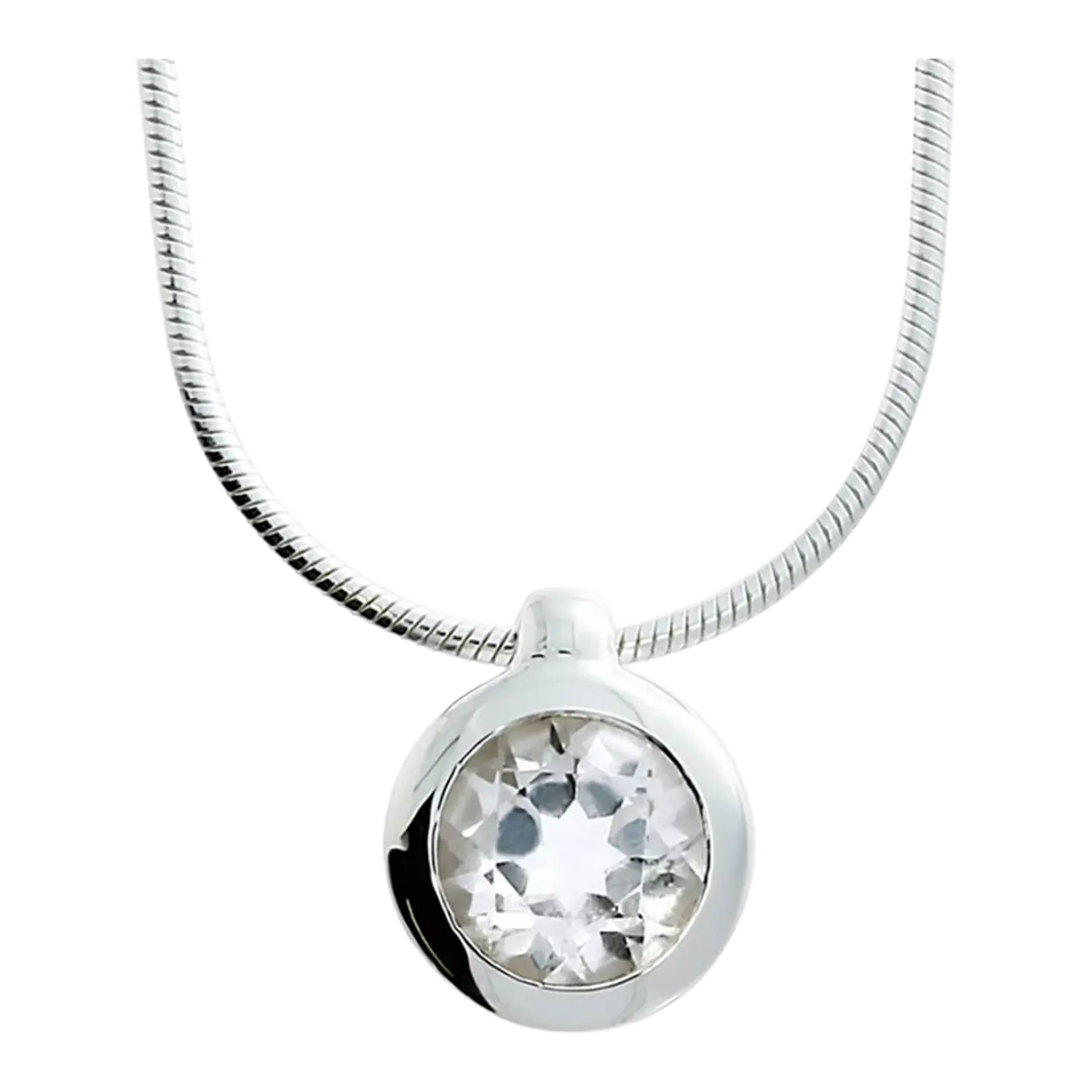 Designschmuck Silber Anhänger Weißer Topas an feiner Schlangenkette.