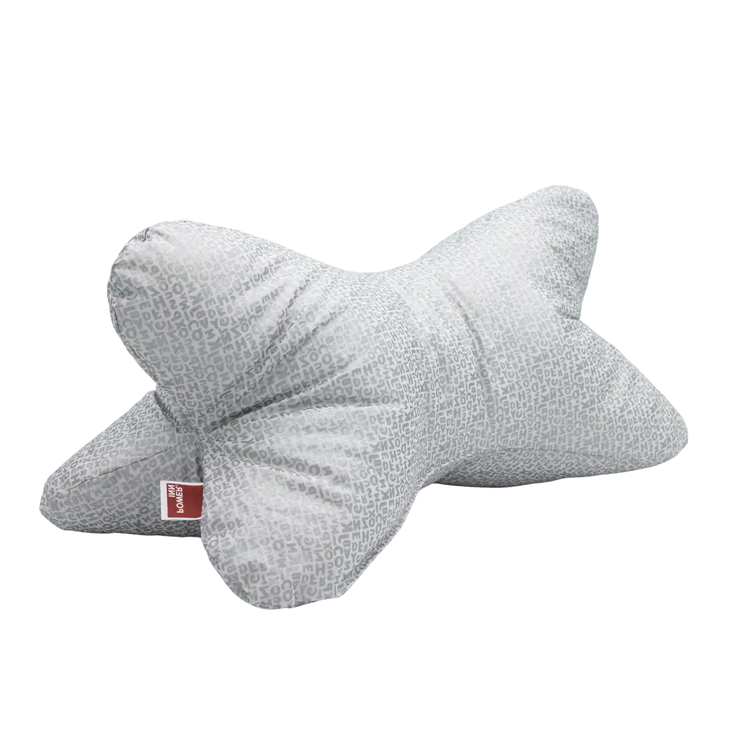 Ein graues Kissen zum Lesen - Leseknochen mit einem dezenten Muster auf Weiß.