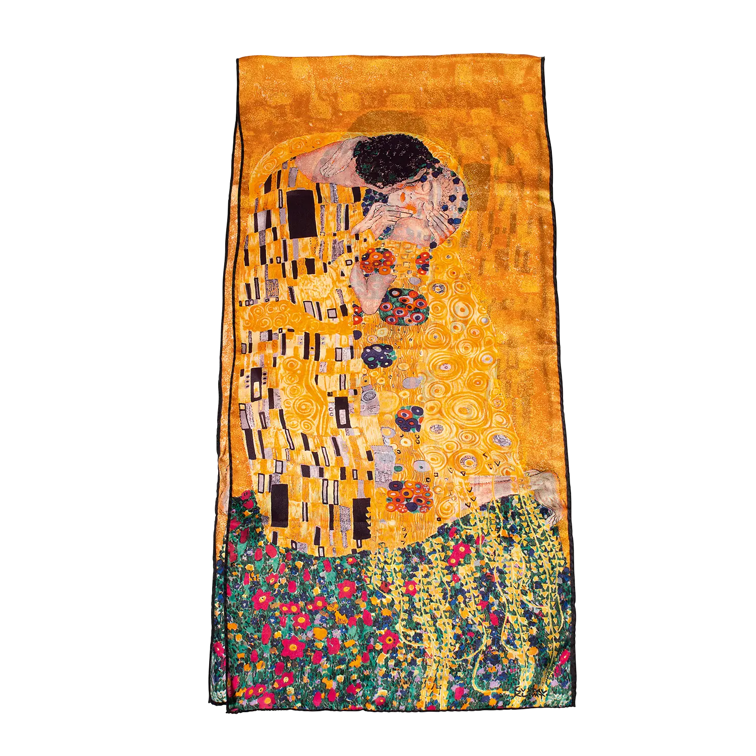 Seidenschal Der Kuss mit Goldakzenten und floralem Gustav-Klimt-Motiv.