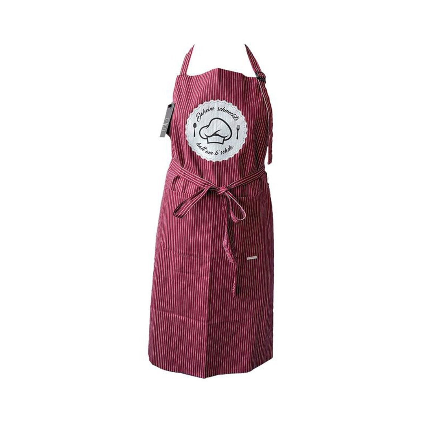 Rote und weiße verstellbare Kochschürze mit Taschen und Chef-Logo vorn.