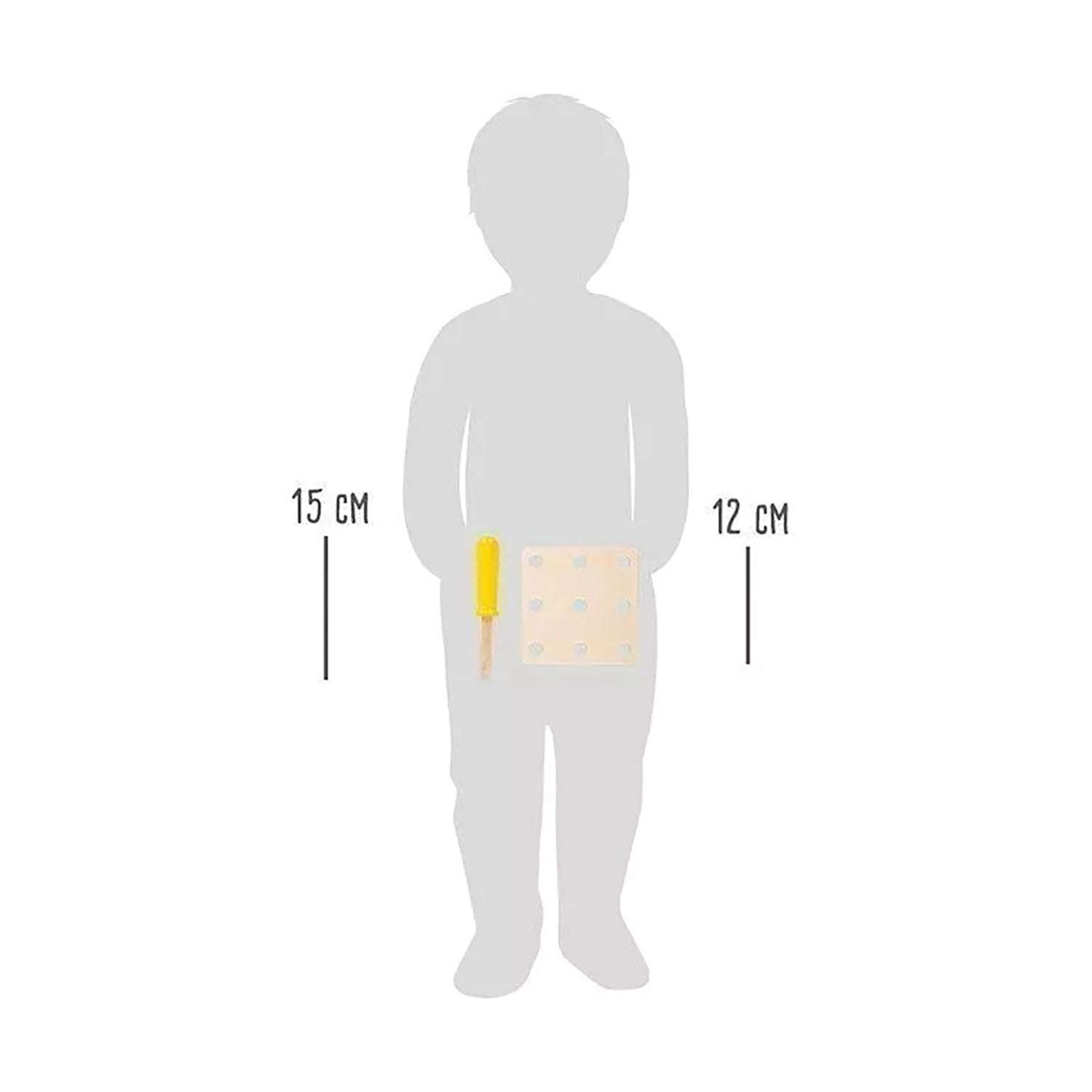 Silhouette eines Kindes mit Konstruktionsset "Miniwob" und Werkzeug in der Hand.