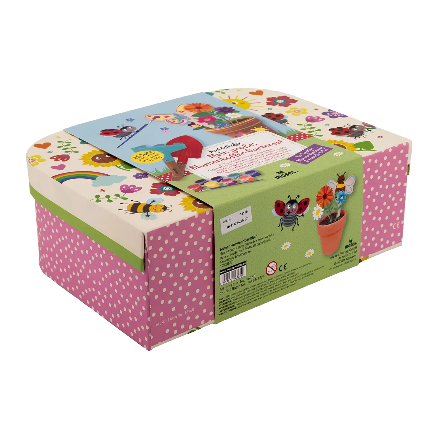 Das Gartenset für Kinder wird in einem dekorativen Bastelkasten geliefert