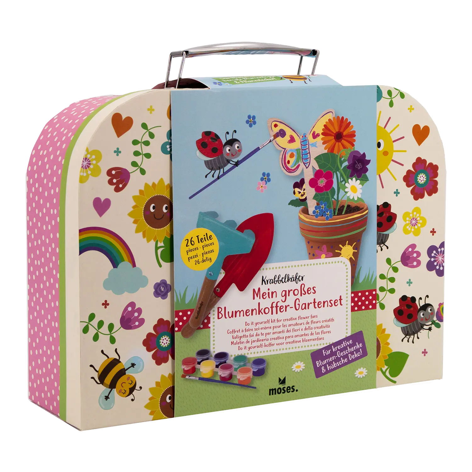 Das Krabbelkäfer Blumenkoffer-Gartenset für Kinder mit 26 Teilen.
