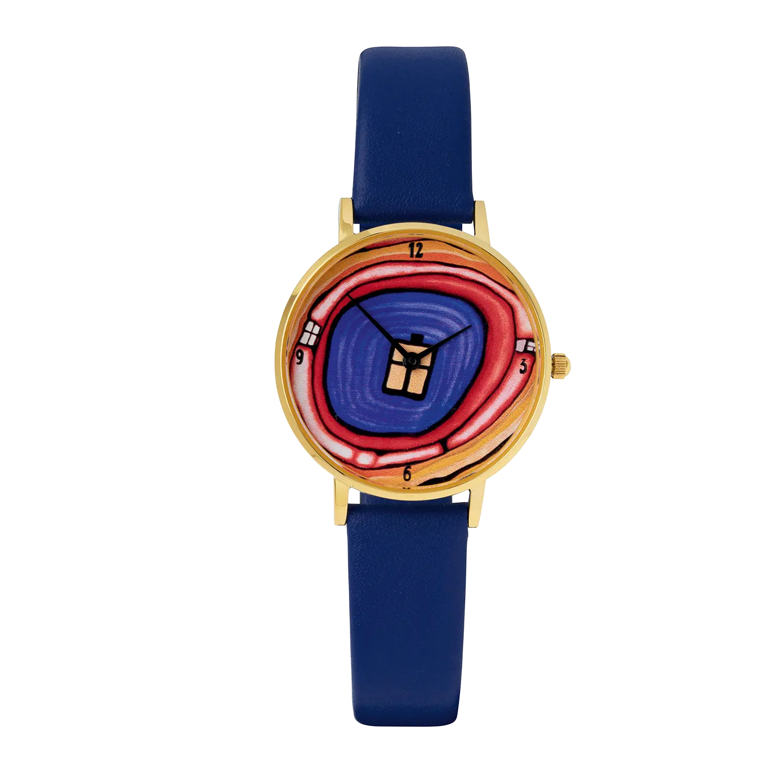 Künstler-Armbanduhr "Zeitfinder Seelenbaum" mit blauem Band und Spiraldesign.