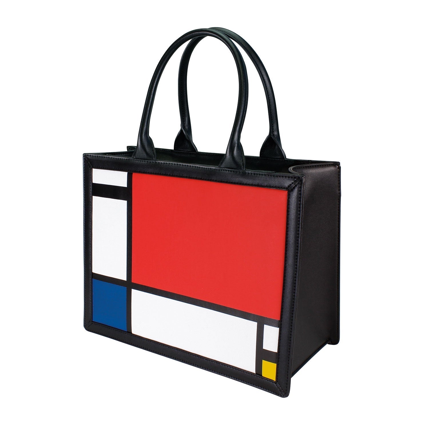 Die Künstler-Handtasche „Composition II“ besticht durch schwarze Ledergriffe und Seitenteile mit geometrischen Mustern in Rot, Blau, Gelb, Weiß und Schwarz, inspiriert von Piet Mondrian. Ein praktischer Schulterriemen sorgt für bequemes Tragen.