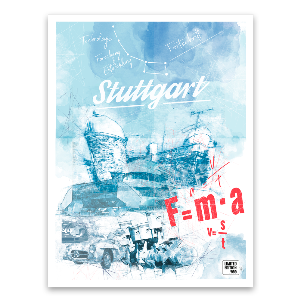 Poster mit Stuttgart-Sehenswürdigkeiten im PopArt-Stil, blauen wissenschaftlichen Skizzen und kräftigen roten Physikformeln, ergänzt durch den Schriftzug „Stuttgart“. Kunstdrucke in limitierter Auflage erhältlich.