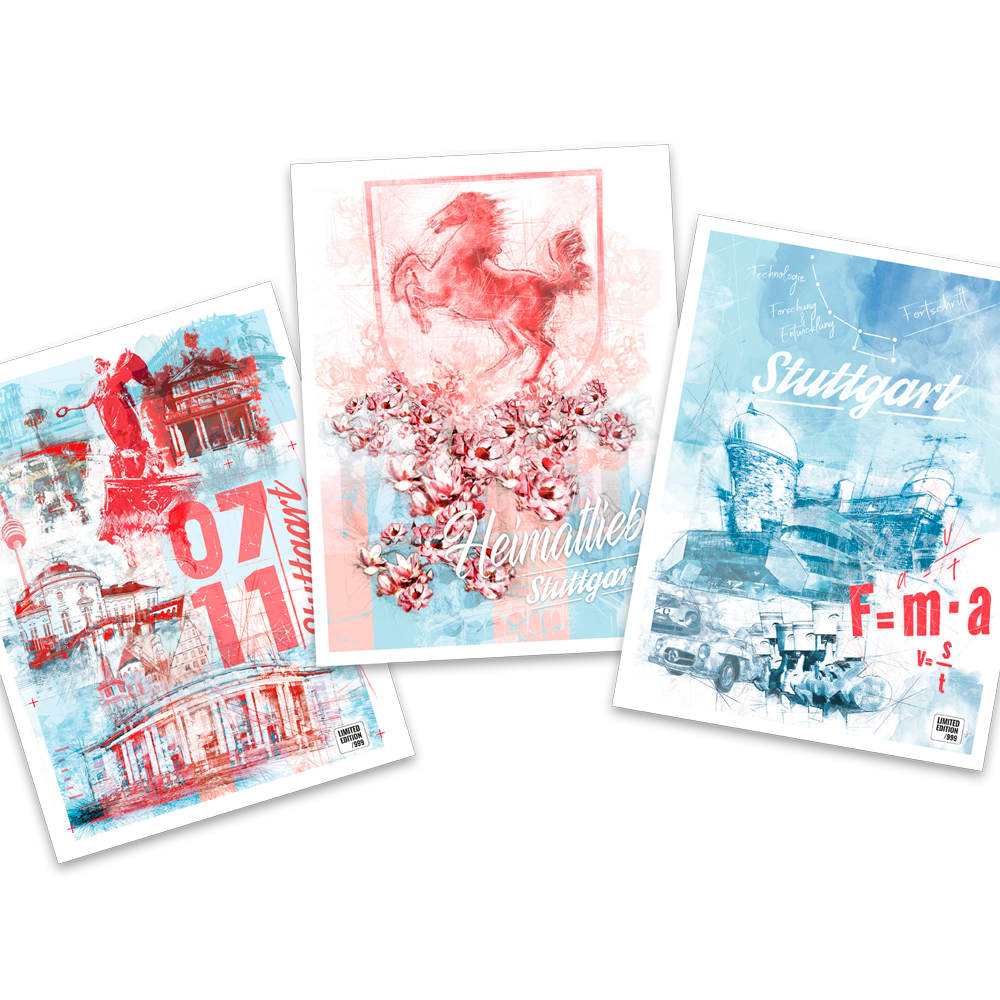 Drei farbenfrohe Kunstdrucke im PopArt-Stil zeigen Stuttgarter Wahrzeichen, ein Pferd, Blumen und wissenschaftliche Formeln – perfekt für Fans von limitierter Auflage.