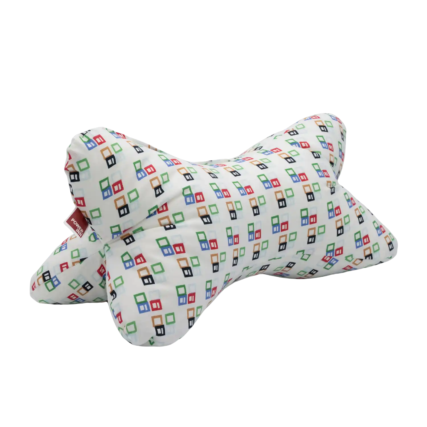 Kissen zum Lesen - Leseknochen mit bunten quadratischen Mustern auf weißem Hintergrund.