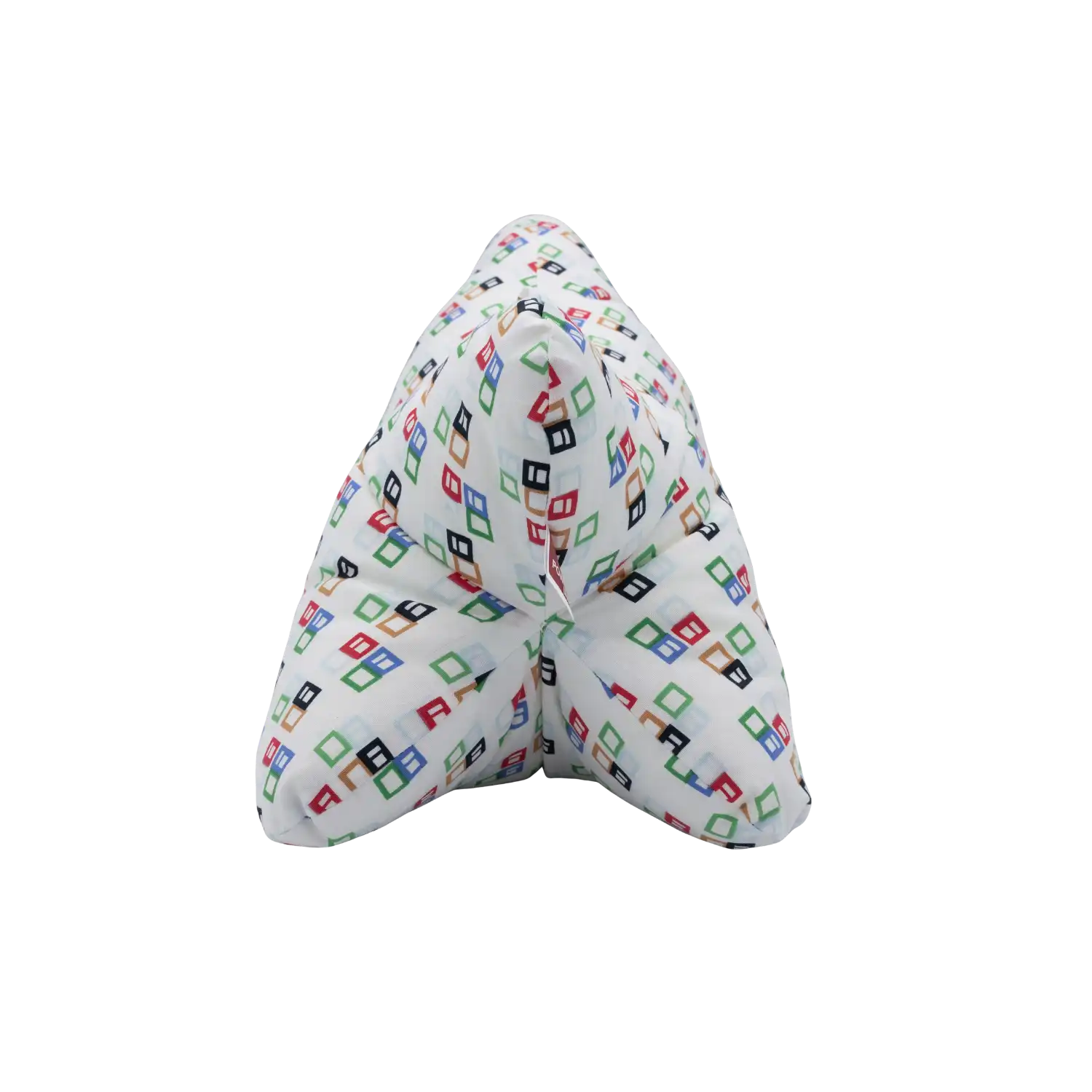 Leseknochen Kissen zum Lesen mit bunten geometrischen Quadraten auf Weiß.