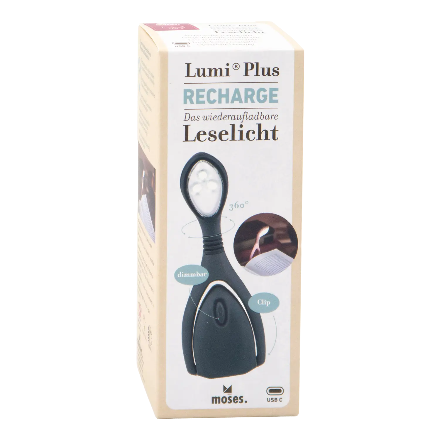 Schachtel einer Leselampe zum Klemmen, mit der Aufschrift Lumi Plus Recharge.