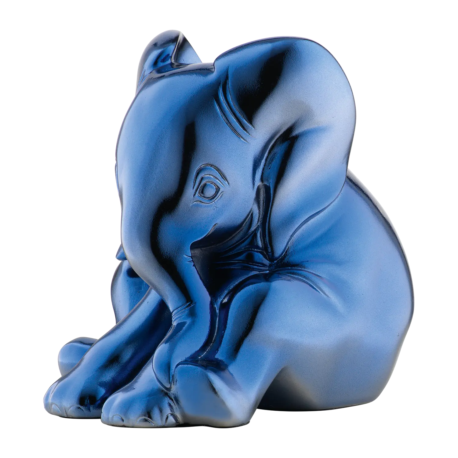Kleiner Elefant Skulptur Metallic in leuchtendem Blau mit gewelltem Rüssel.