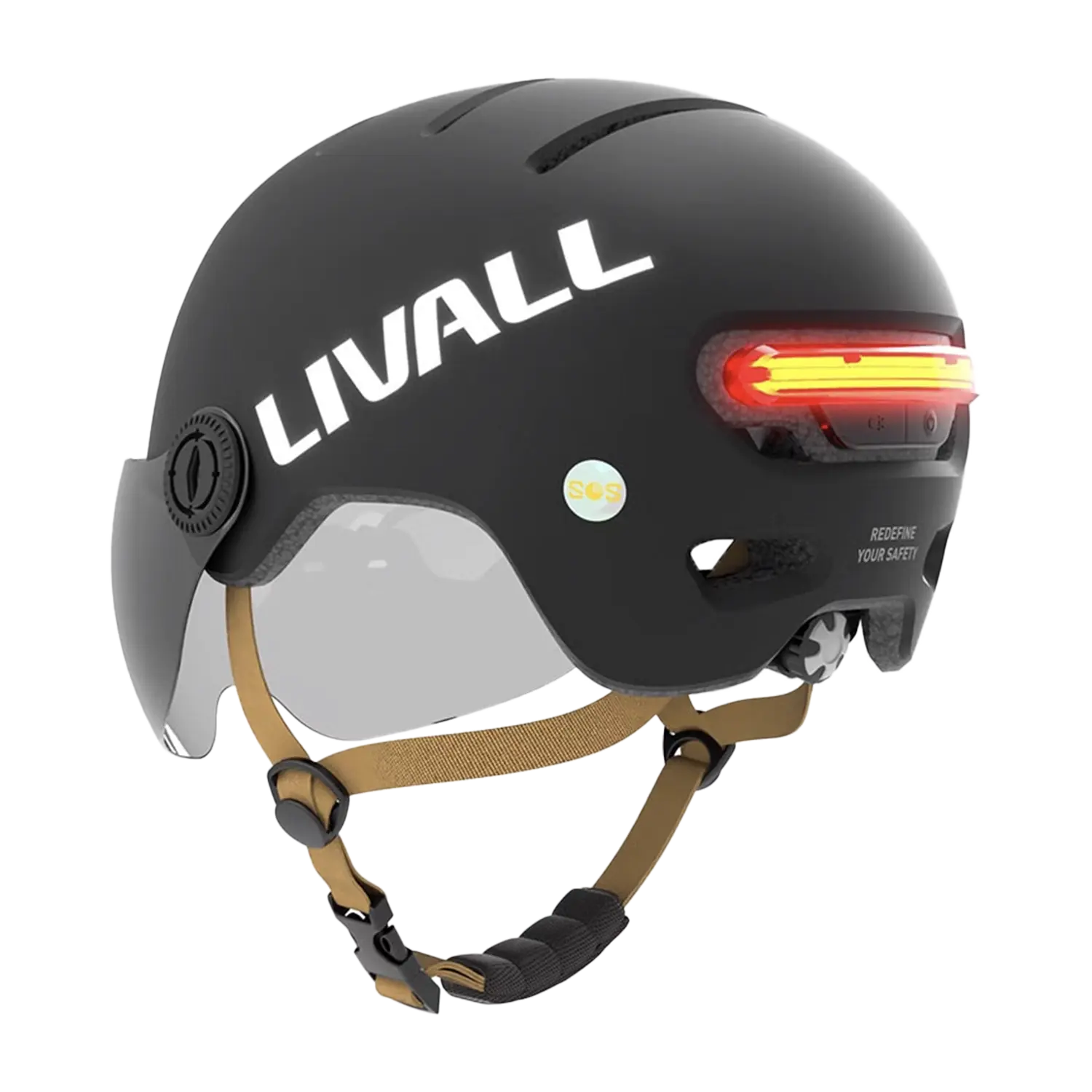 Ein schwarzer Fahrradhelm mit Visier, Bremslicht und SOS-Alarm verbessert die Sichtbarkeit mit hellbraunen verstellbaren Kinnriemen, einem seitlichen Einstellrad und „LIVALL“ in großen weißen Buchstaben an der Seite. Rotes LED-Rücklicht im Lieferumfang enthalten.
