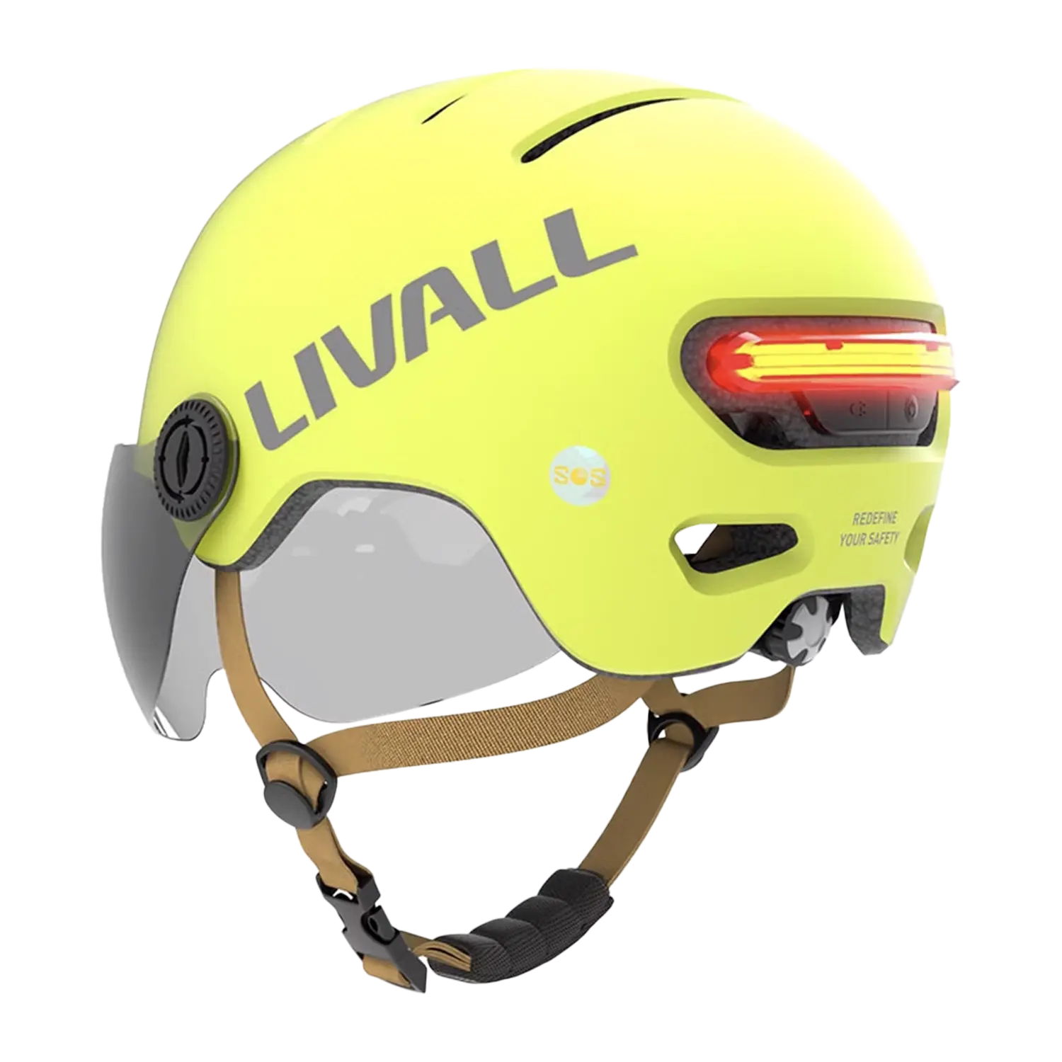 Ein leuchtend gelber Fahrradhelm mit Visier, Bremslicht und SOS-Alarm, mit intelligenter Technologie, integriertem LED-Rücklicht, einem braunen verstellbaren Kinnriemen, schwarzem Seitenversteller und klarem Frontvisier.