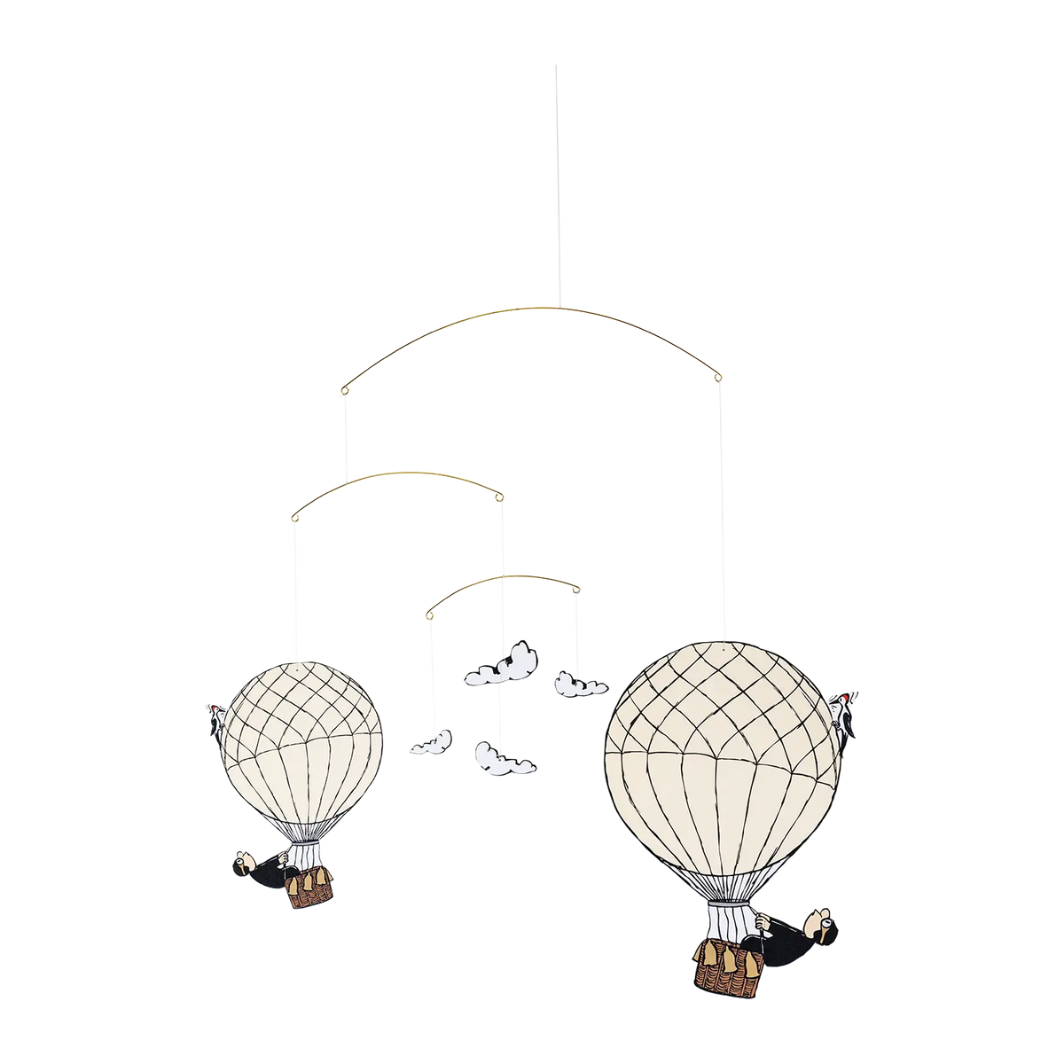 Das Mobile Der Ballonfahrer zeigt zwei Heißluftballons und drei Wolkenbehänge.
