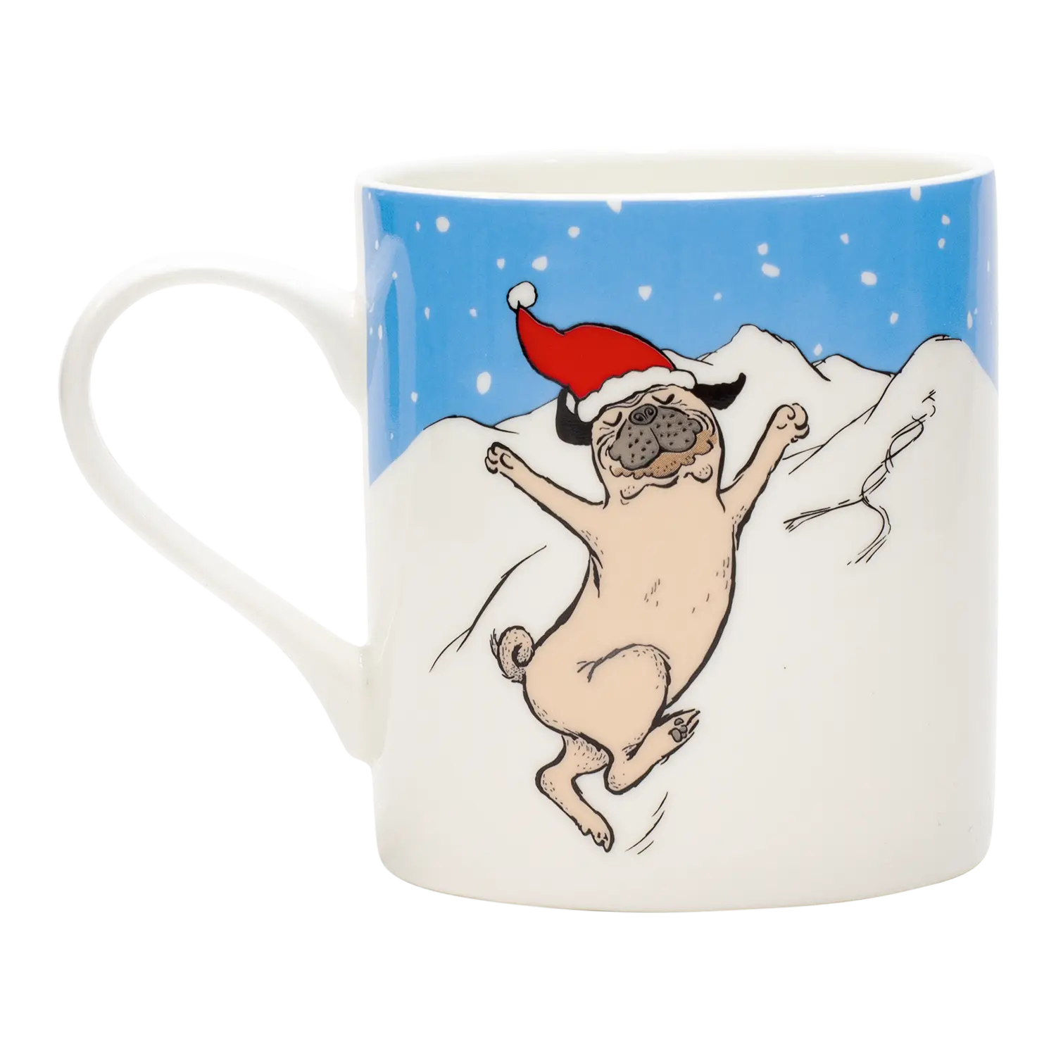 Set aus zwei Tassen mit einem fröhlichen Weihnachtsmops und einem Weihnachtsmann.