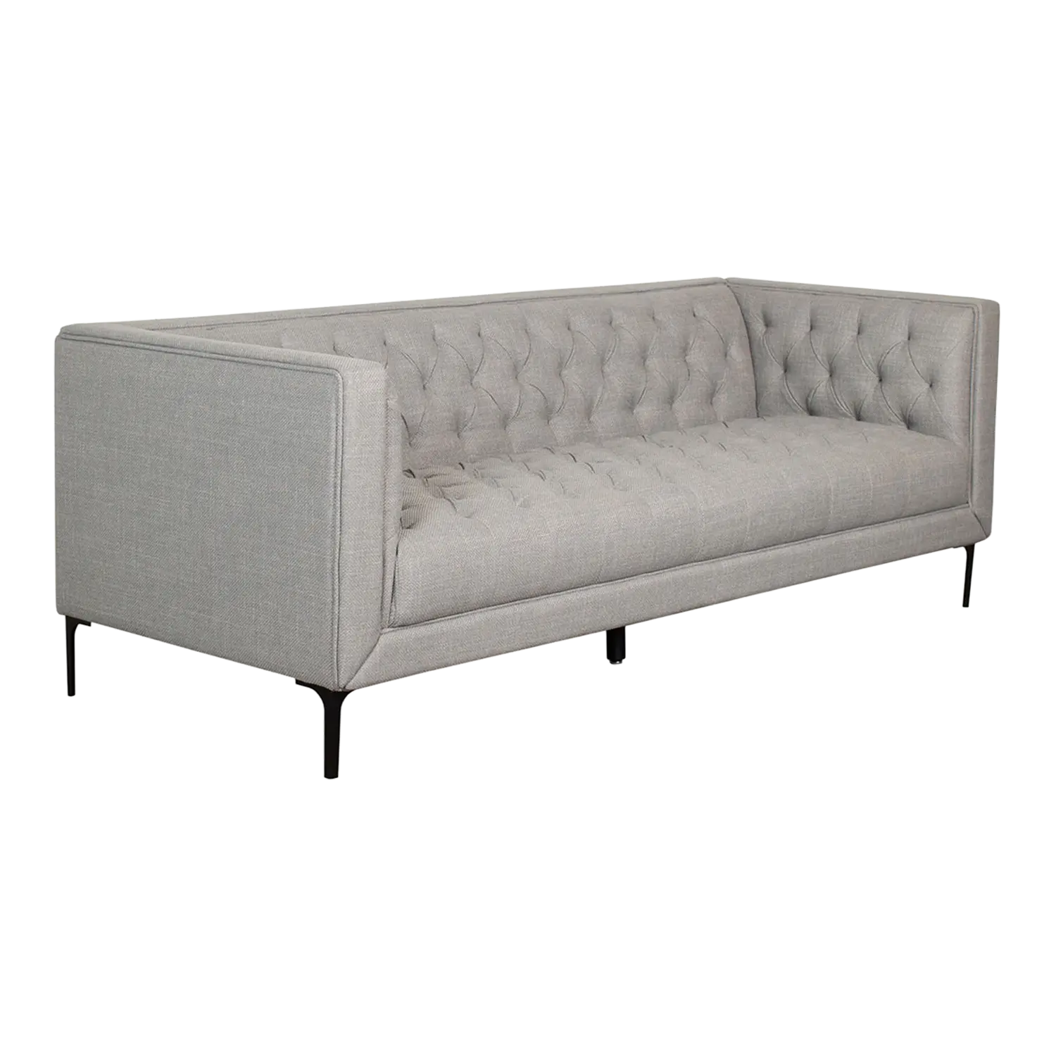 Lounge Sofa Troia: hellgraues, getuftetes Sofa mit schwarzen Beinen und minimalistischem Design.