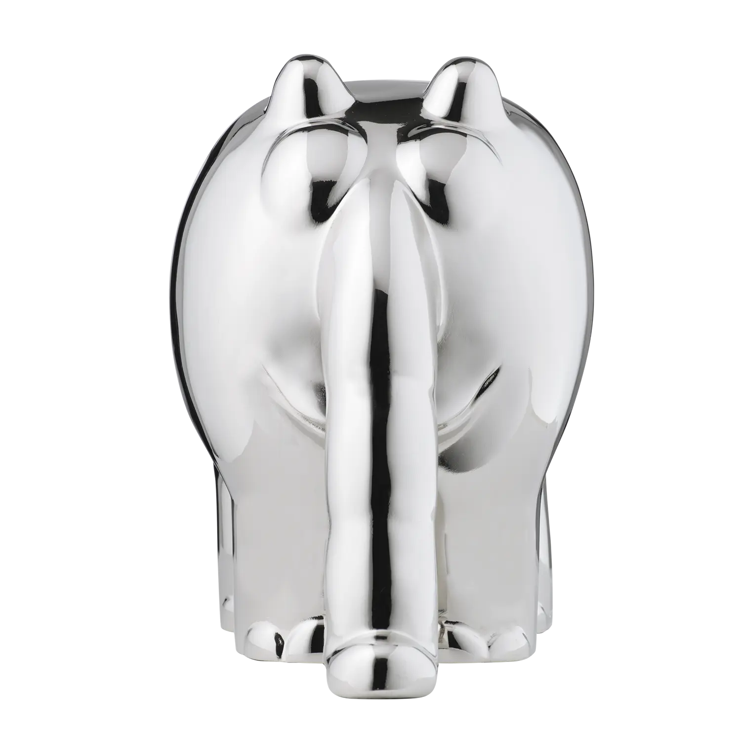 Vorderansicht von Skulptur Ottifant in glänzendem Silber auf weißem Hintergrund.