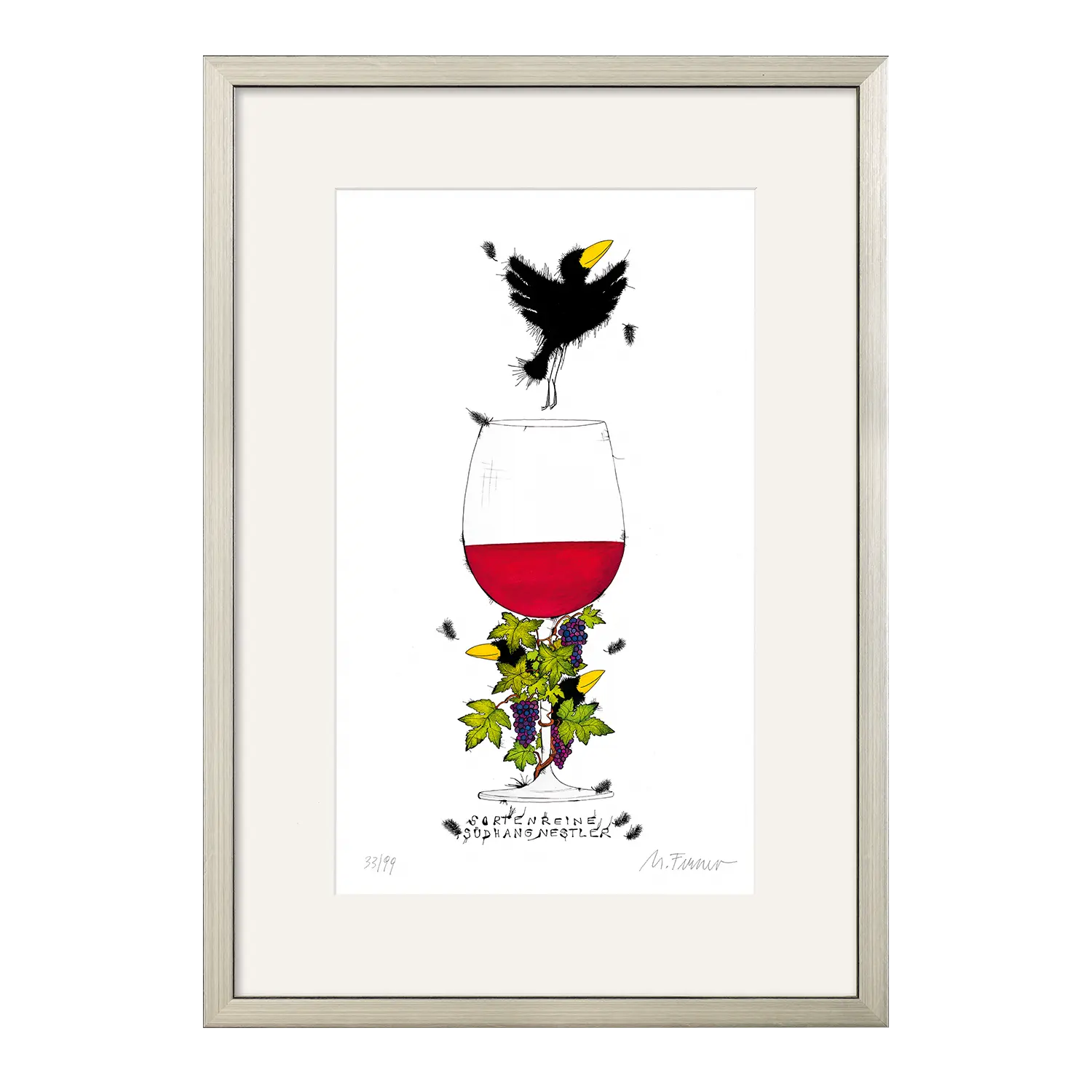 Sortenreine Südhangnestler" MR Weinglas mit Vogelillustration, ideales Geschenk.