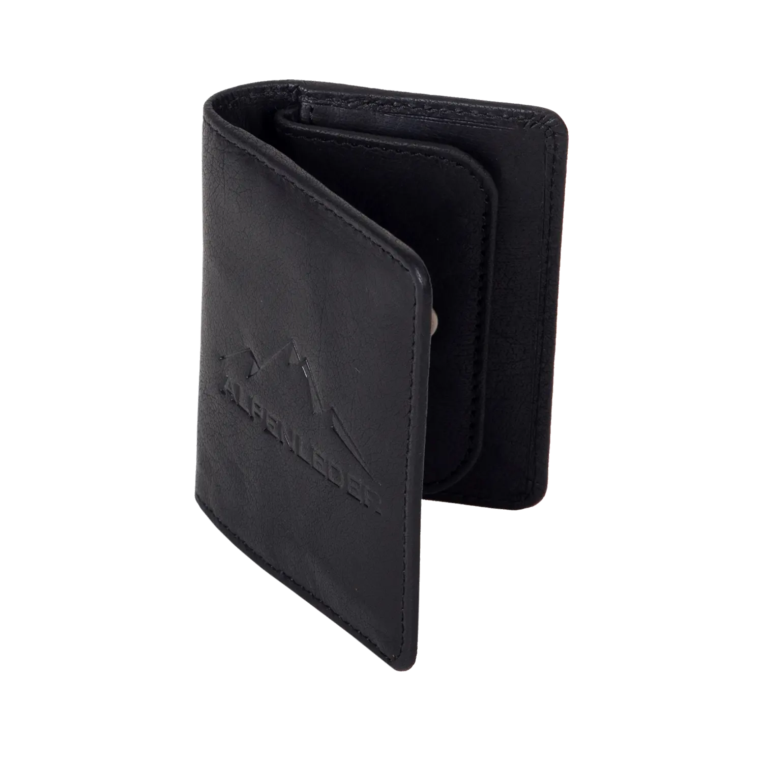 Der schwarze Echtleder-Geldbeutel MONETEN steht aufrecht und ist teilweise geöffnet. Darin befinden sich Kartenfächer und ein Münzfach. Geprägte Berggipfel und der Schriftzug „Manufaktur Alpenleder“ zieren die Vorderseite.