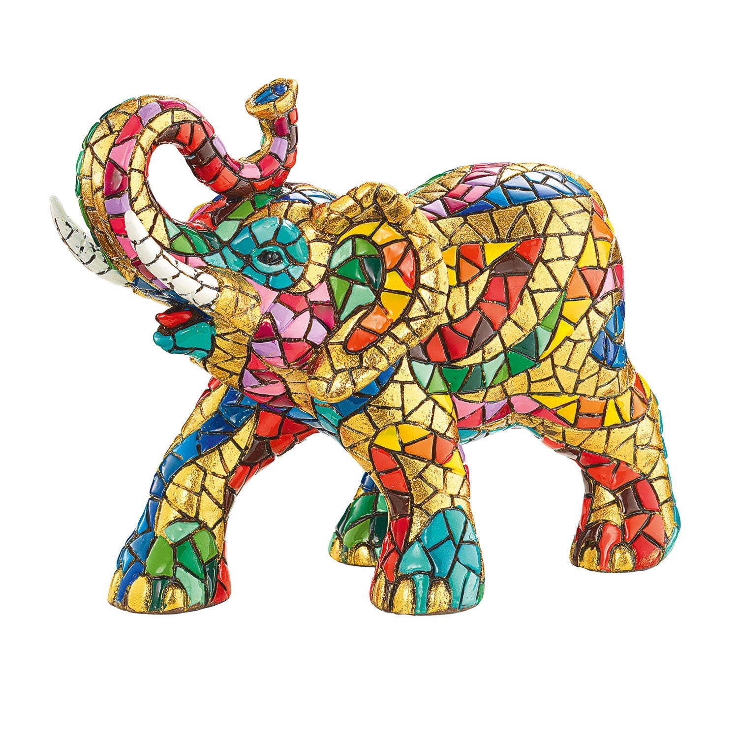 Die Mosaikfigur „Elefant“ ist ein lebendiges Wohnaccessoire mit einem farbenfrohen Patchwork aus roten, blauen, grünen, gelben und goldenen Kacheln. Ihr nach oben gebogener Rüssel bringt Lebendigkeit und Kreativität in jeden Raum.