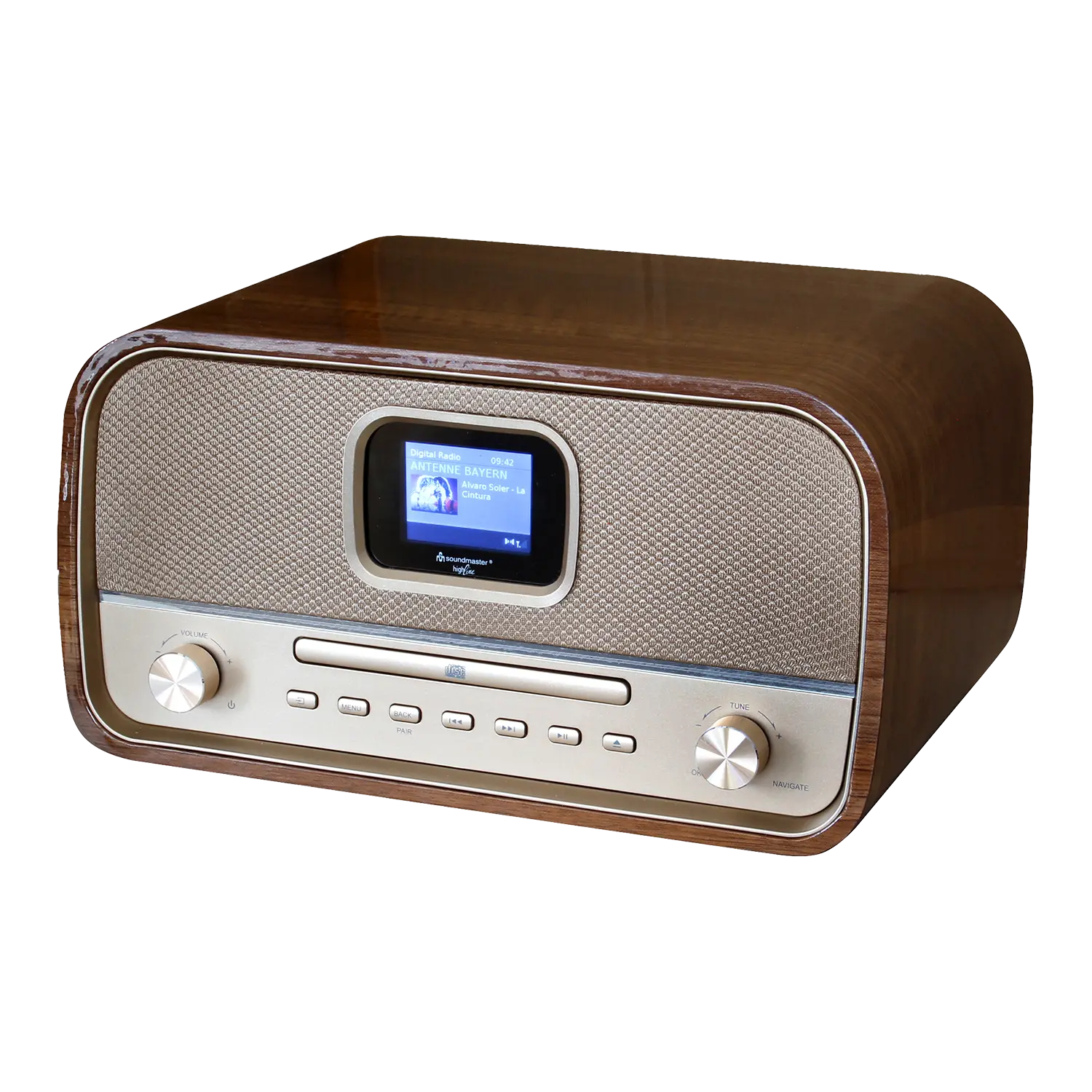 Nostalgie Stereo Musikcenter: Vintage-Look mit Digitalanzeige und klassischen Bedienelementen.