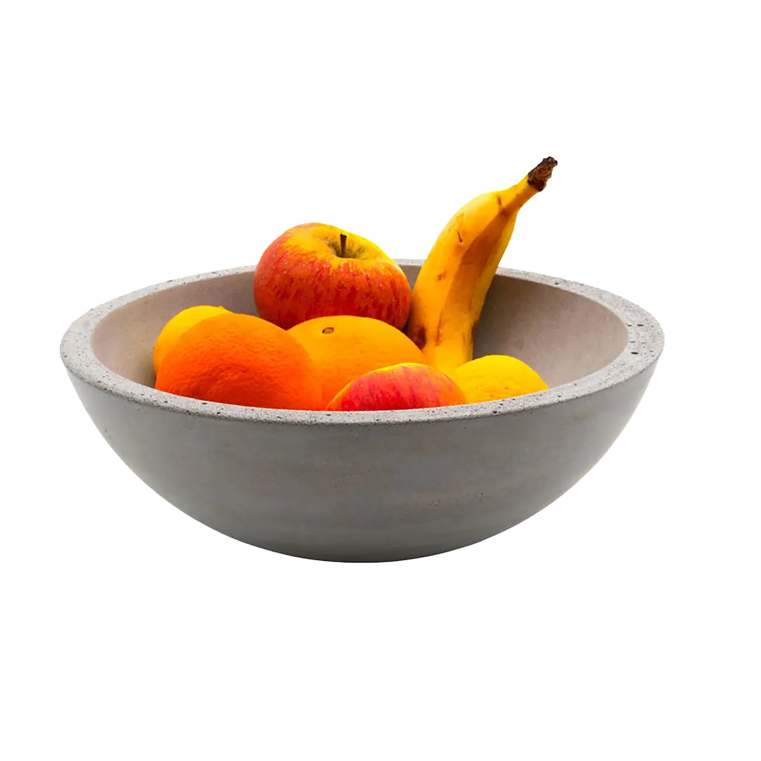 Große runde Obstschale aus Beton mit Äpfeln und Orangen