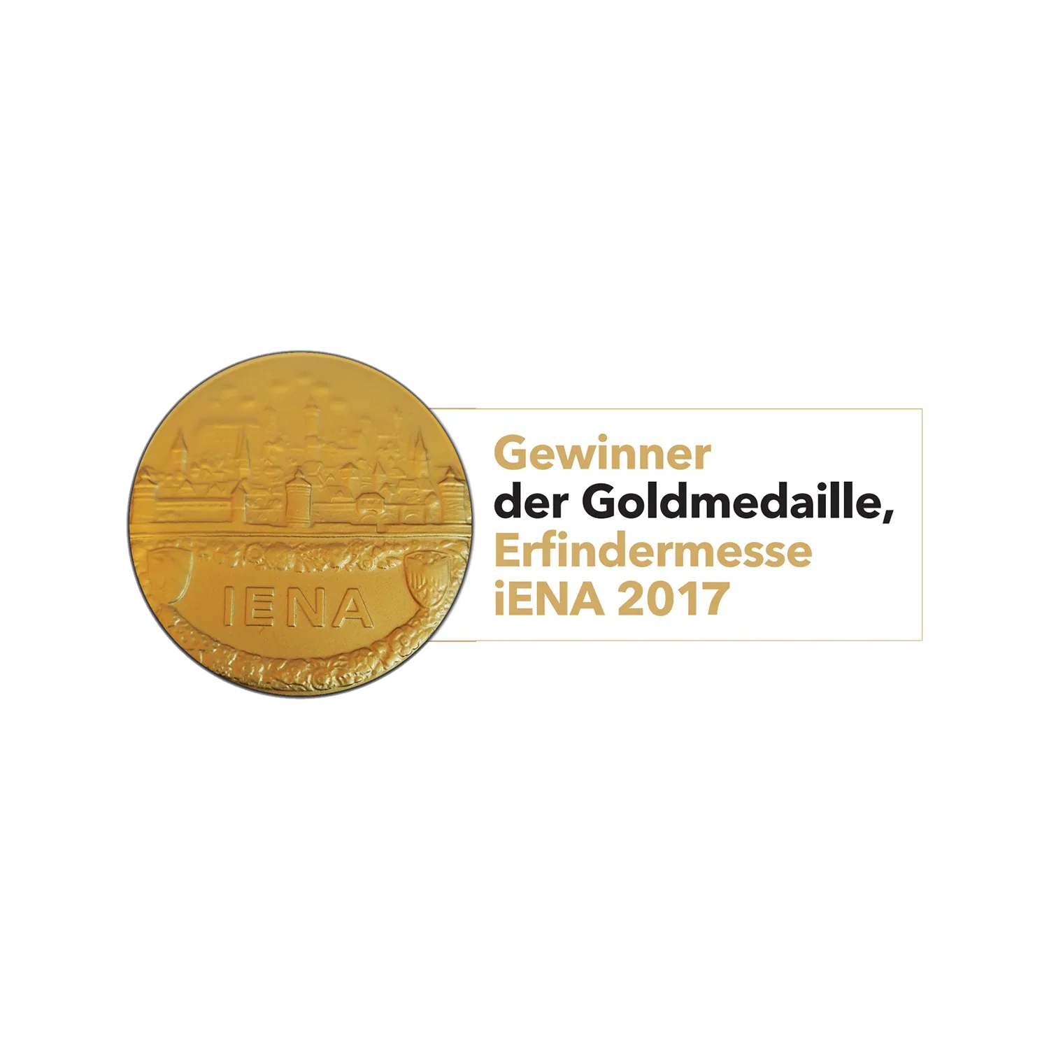 Orthopädisch wirkendes Sitzkissen mit IENA-Goldmedaille und deutschem Text.