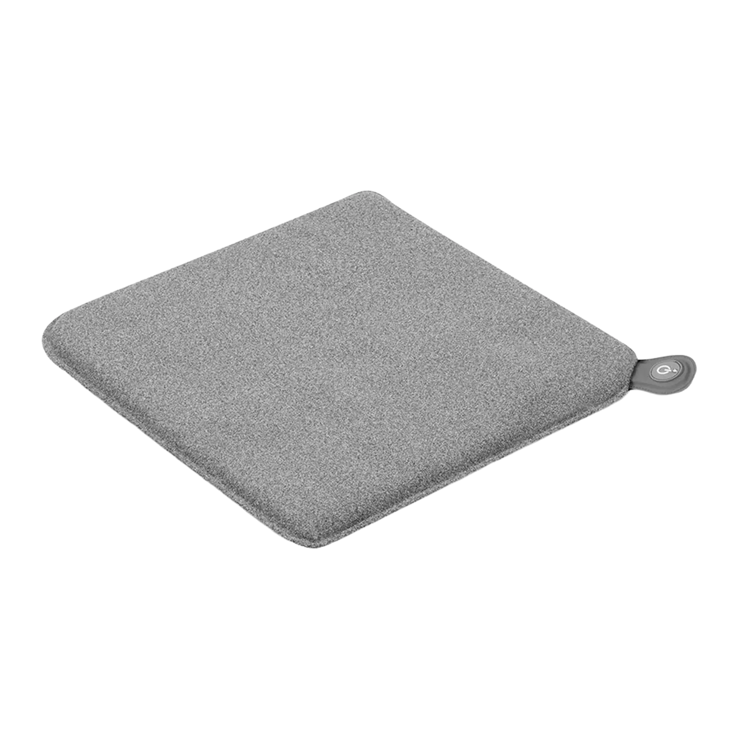 Ein quadratisches graues Sitzkissen mit Heizfunktion mit einer kleinen Stoffschlaufe an einer Ecke.