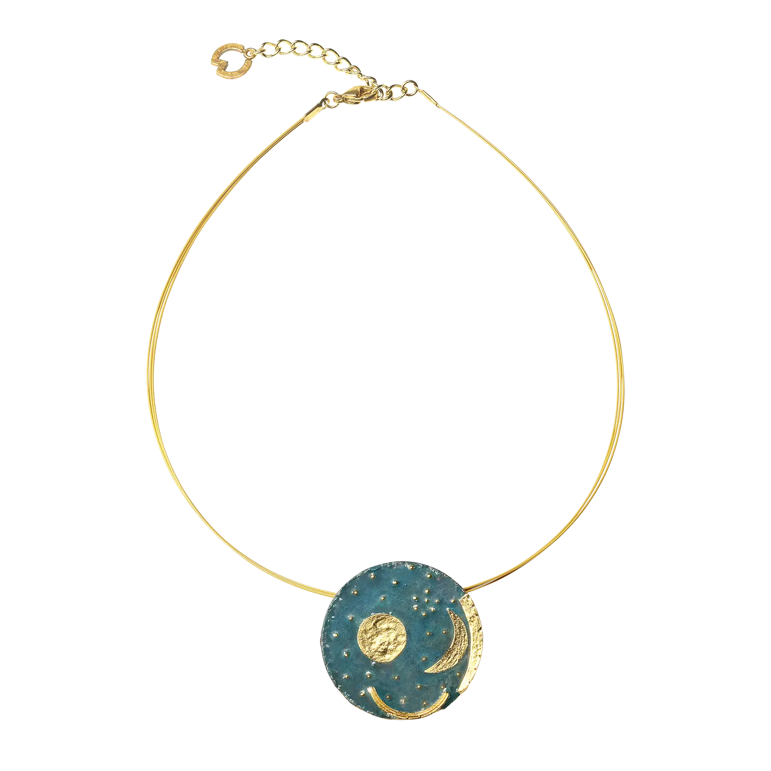 Collier "Himmelsscheibe von Nebra" mit einem runden blauen Sonnen- und Mondanhänger.