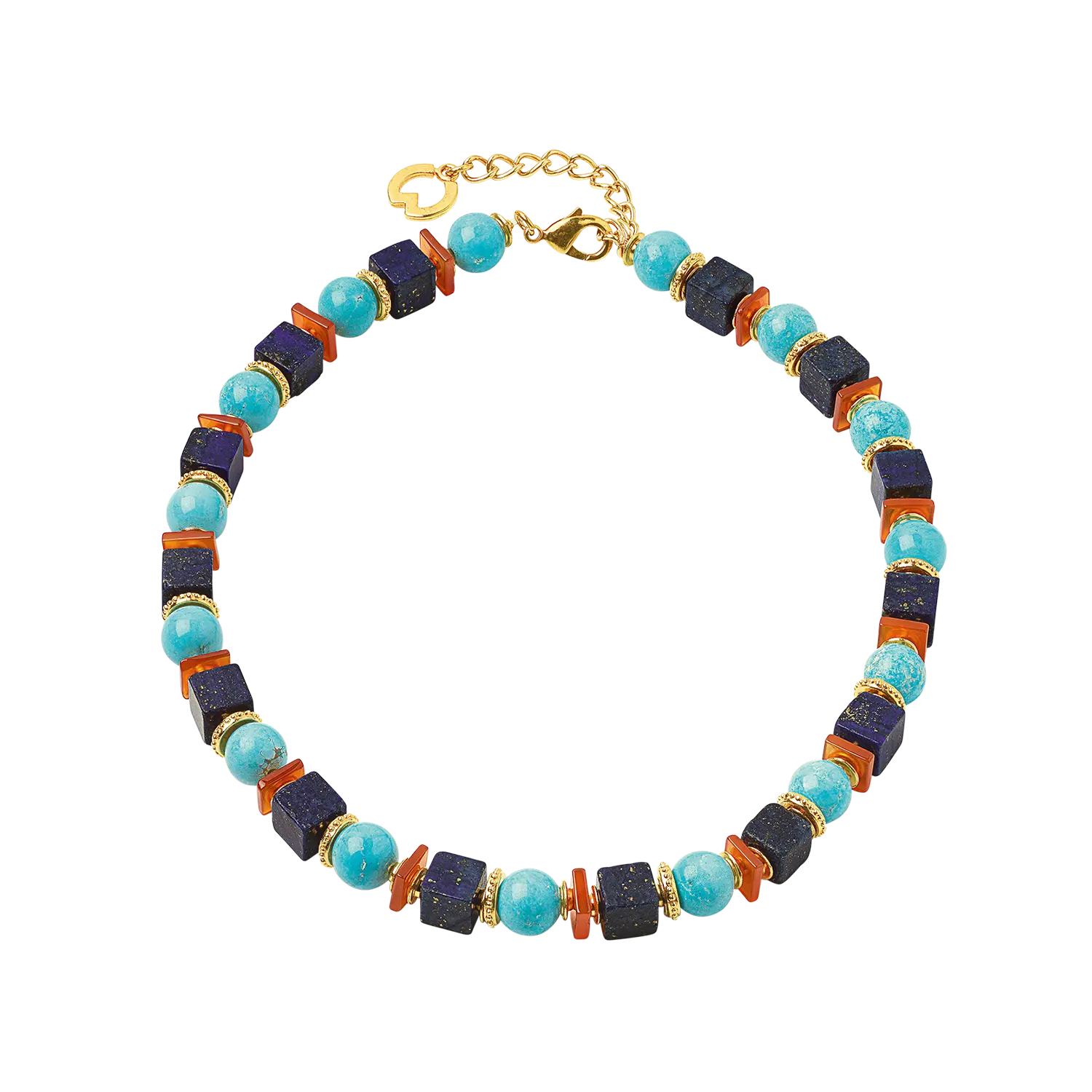 Collier "Jasmin" mit Lapislazuli, türkisfarbenen Perlen und einer goldenen Schließe.