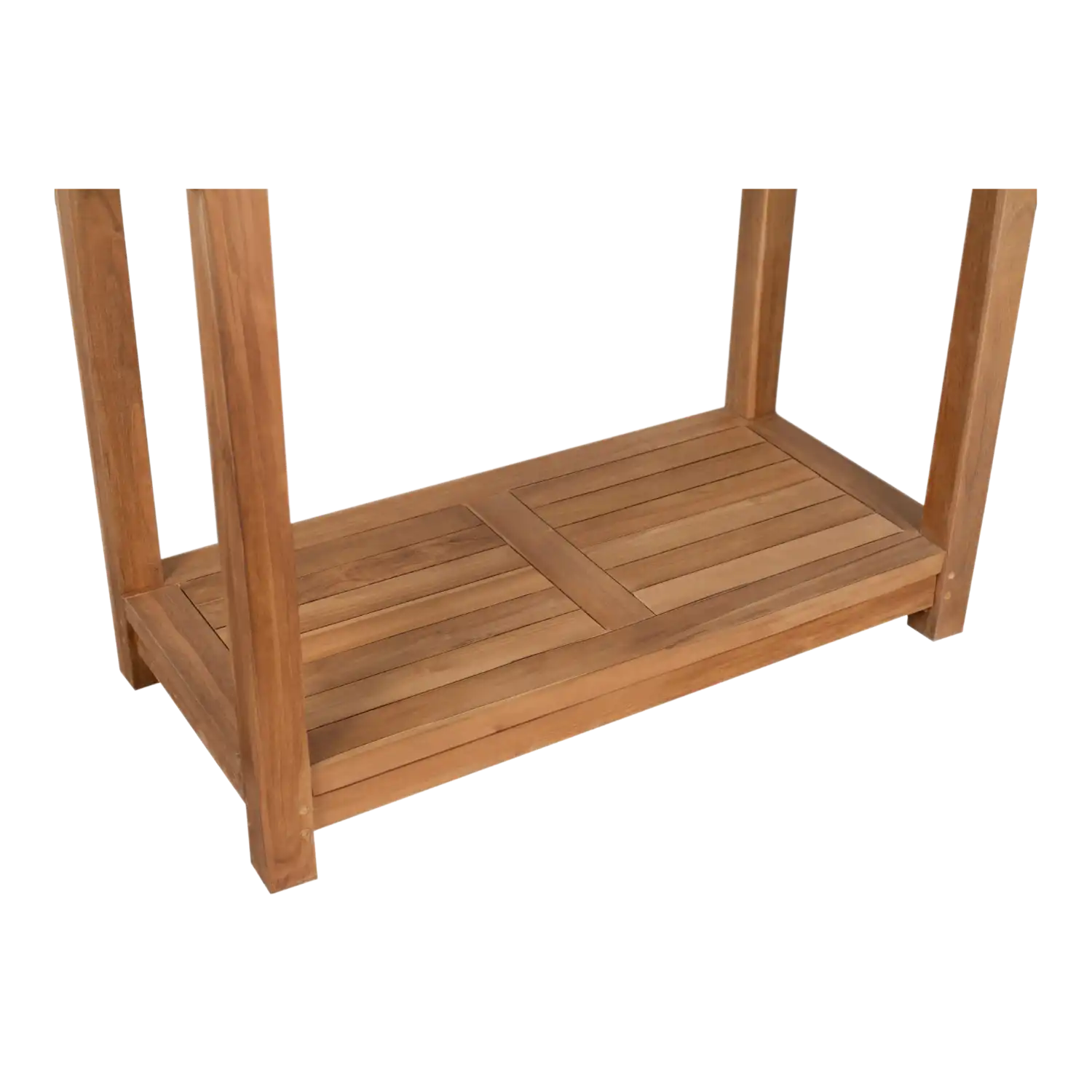 Wetterfester Arbeitstisch für den Garten aus Holz mit Lattenboden und 4 Beinen.