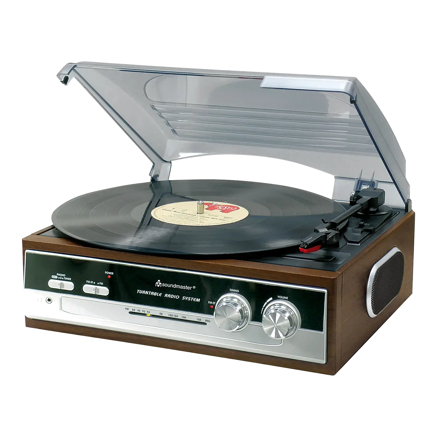 Retro Plattenspieler mit UKW Stereoradio und integrierten Lautsprechern.