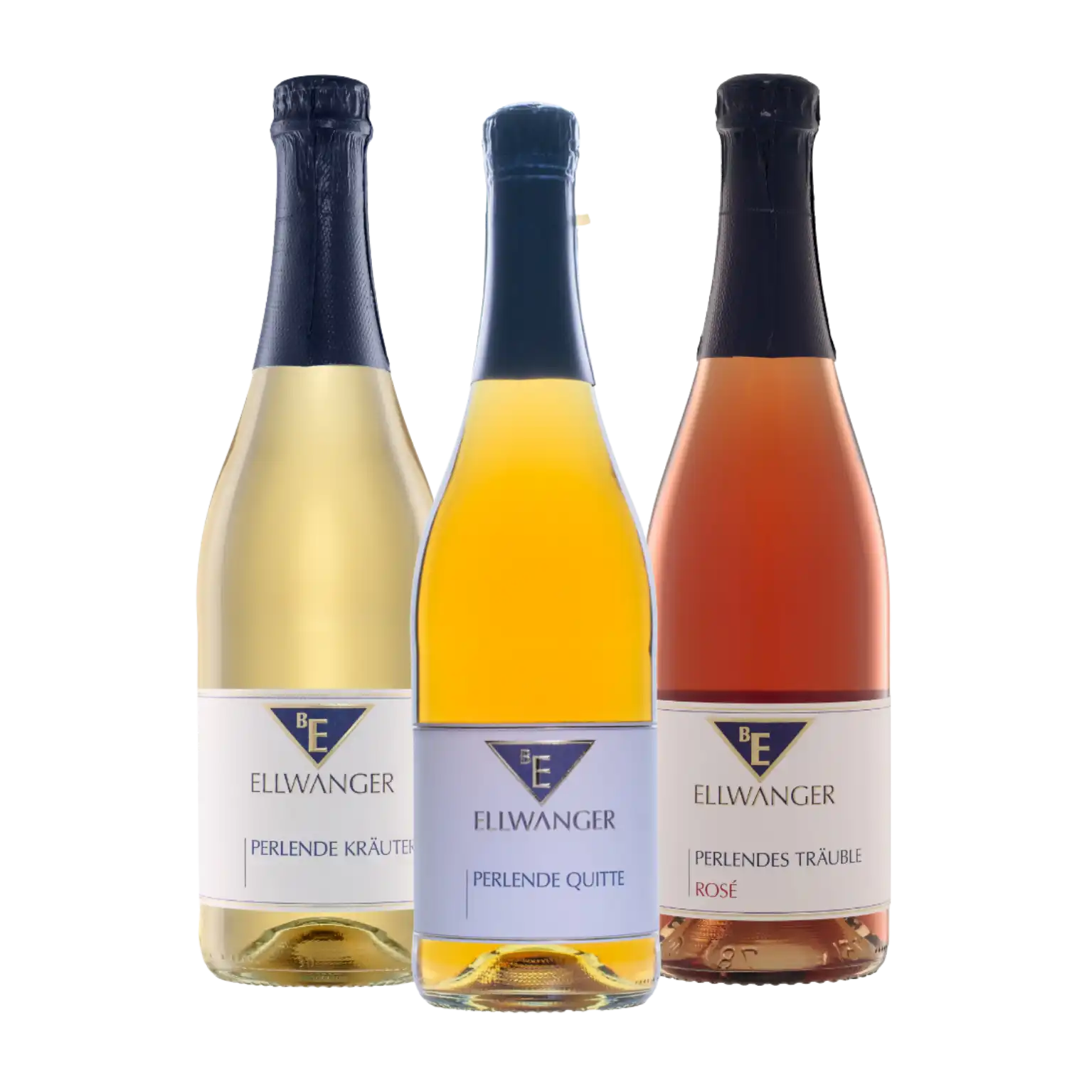 Drei Flaschen Prickelnd Alkoholfrei - 3er Paket in weiß, gelb und rosé.