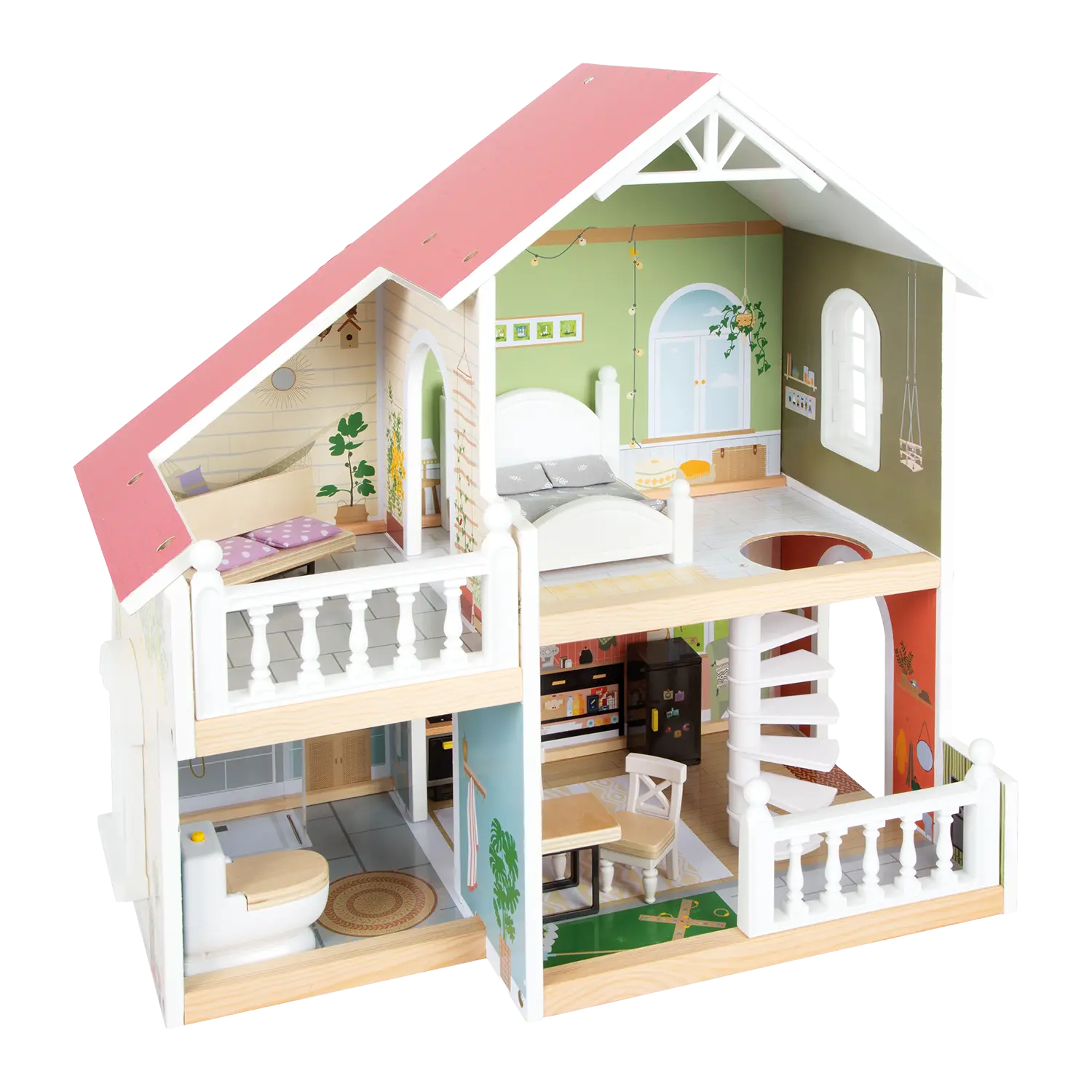 Puppenhaus mit Möbeln, Balkon, Wendeltreppe und zwei Etagen.