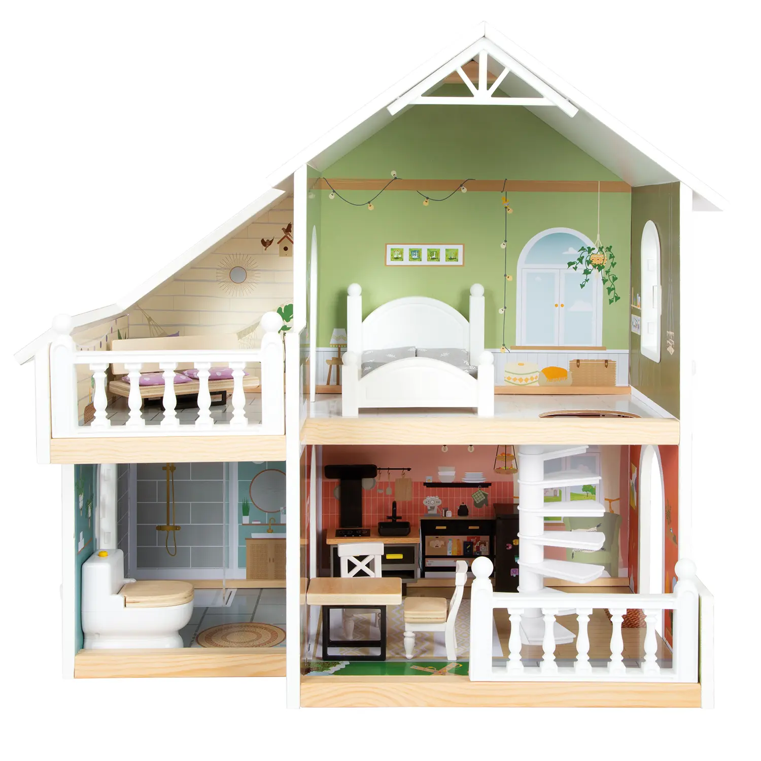 Puppenhaus mit Möbeln, Wendeltreppe und Balkon für fantasievolles Spielen.