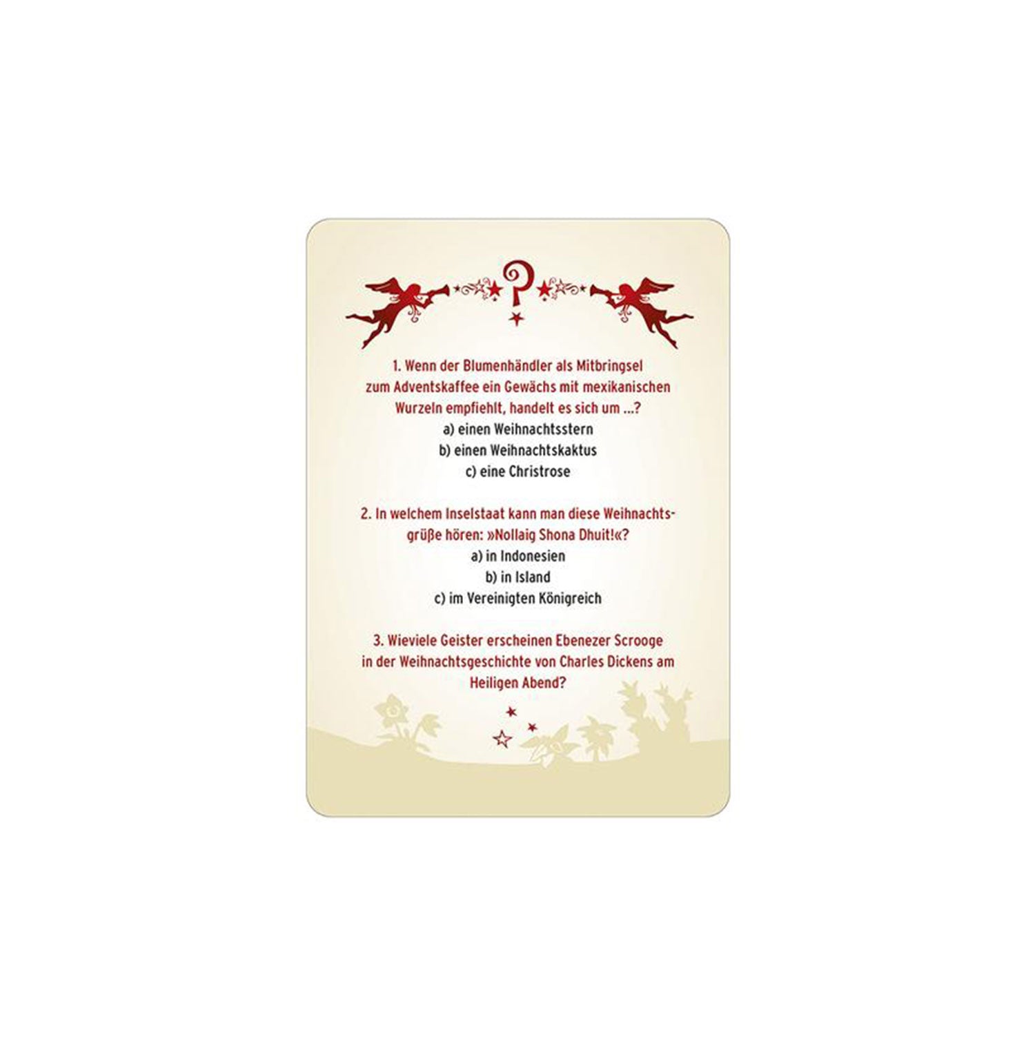 Die Weihnachtsquizkarte enthält drei Weihnachtsquizfragen im deutschen Text und eignet sich ideal für ein Weihnachtsquiz. Zu den dekorativen Elementen gehören rote Rentiersilhouetten und der Weihnachtsmann auf seinem Schlitten oben sowie festliche Motive am unteren Rand.