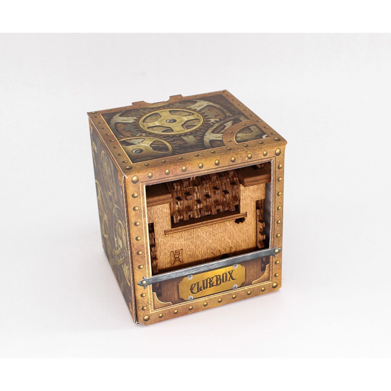 Die Rätselbox „Schrödingers Katze“ besticht durch ihr Steampunk-Design mit sichtbaren Zahnrädern. Ein horizontaler Schlitz auf der Vorderseite ist mit einer messingähnlichen Platte mit der Prägung „CLUEBOX“ verziert, die an das Rätsel eines Escape Rooms erinnert.