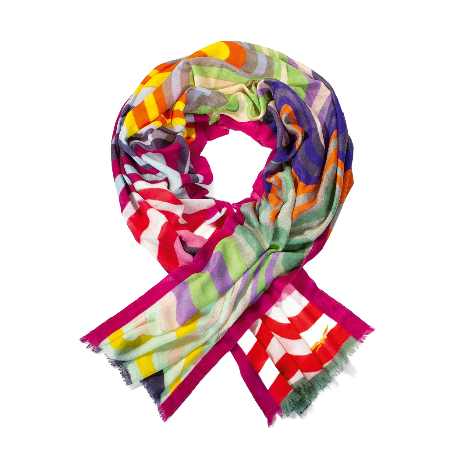 Schal "Colourpower" mit pinken Rändern und buntem, geometrischem Muster.