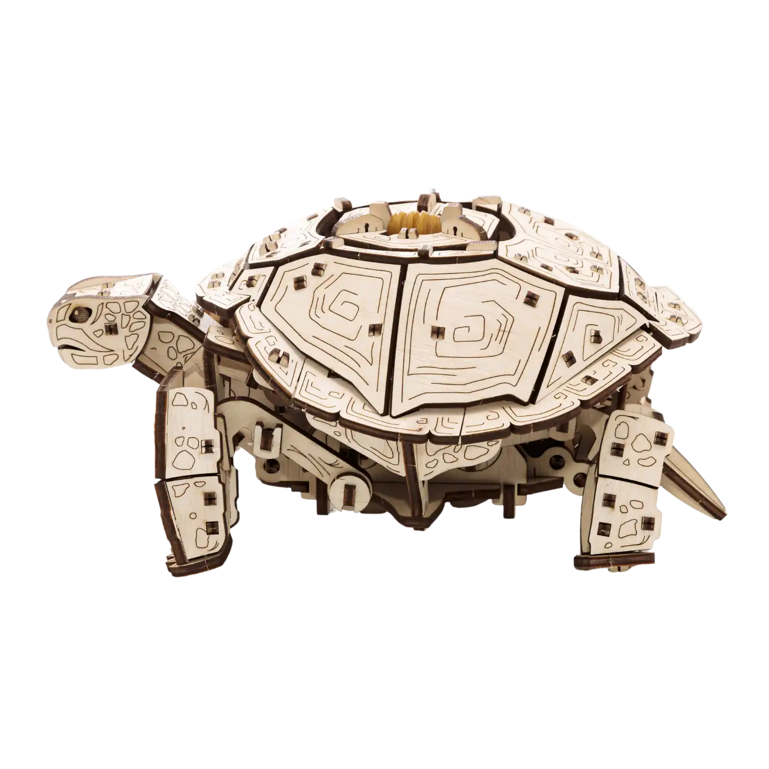 Das 3D-Holzpuzzle „Mechanische Schildkröte“ ist ein Schildkrötenmodell mit komplizierten Panzermustern, einem Gummibandmotor und beweglichen Zahnrädern, die seine detaillierte Handwerkskunst hervorheben.