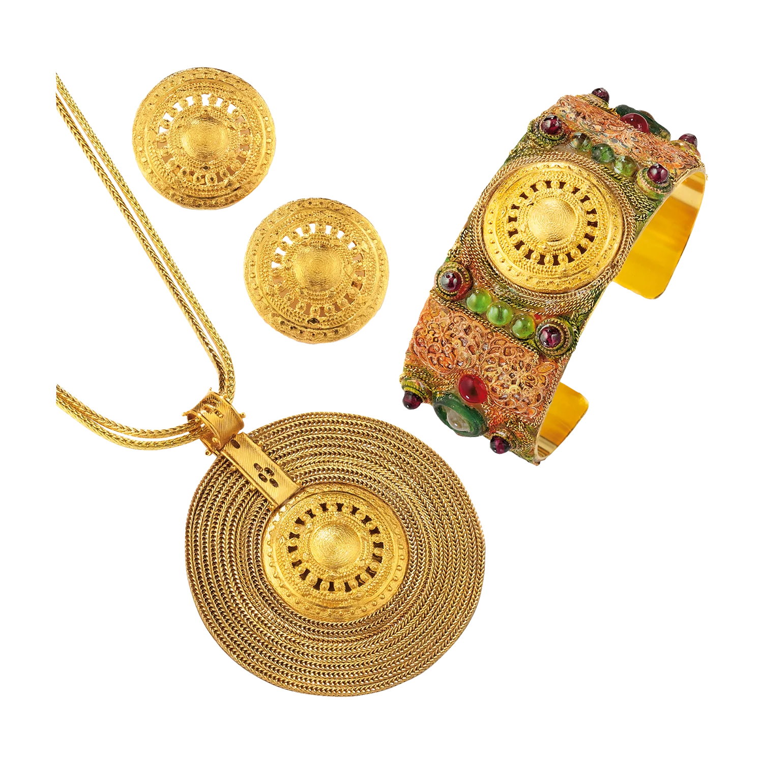 Schmuckset Aton-Sonnenrad mit Sonnenrad Symbol aus vergoldetem Messing.