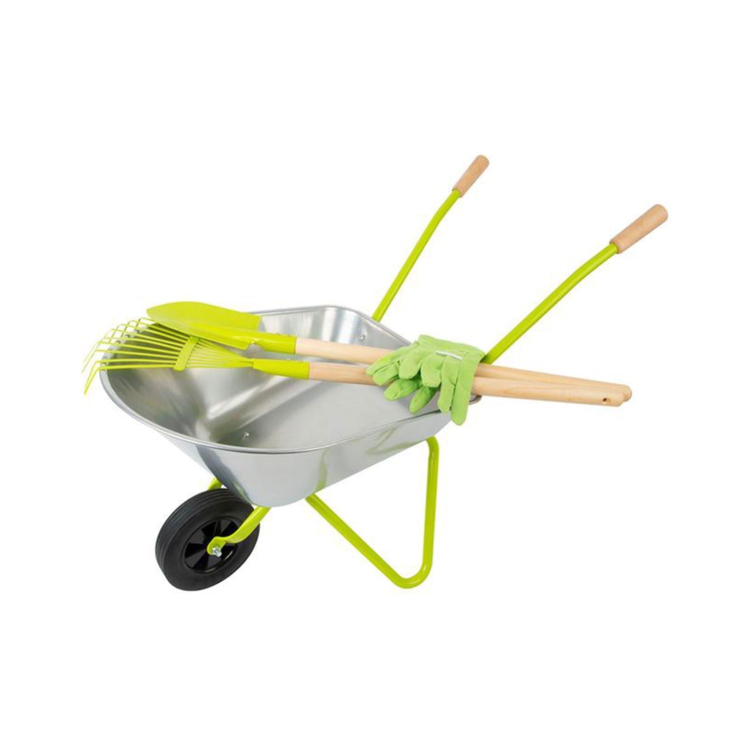 Eine Kinderschubkarre mit Gartenwerkzeug und Handschuhen darin und darauf.