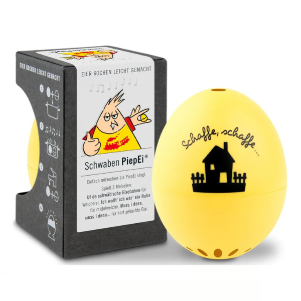 Gelber Timer in Eiform mit einem Hausdesign neben der Schachtel mit der Aufschrift „Schwaben PiepEi“, ideal zum Zubereiten perfekt gekochter Eier in verschiedenen Härtegraden.
