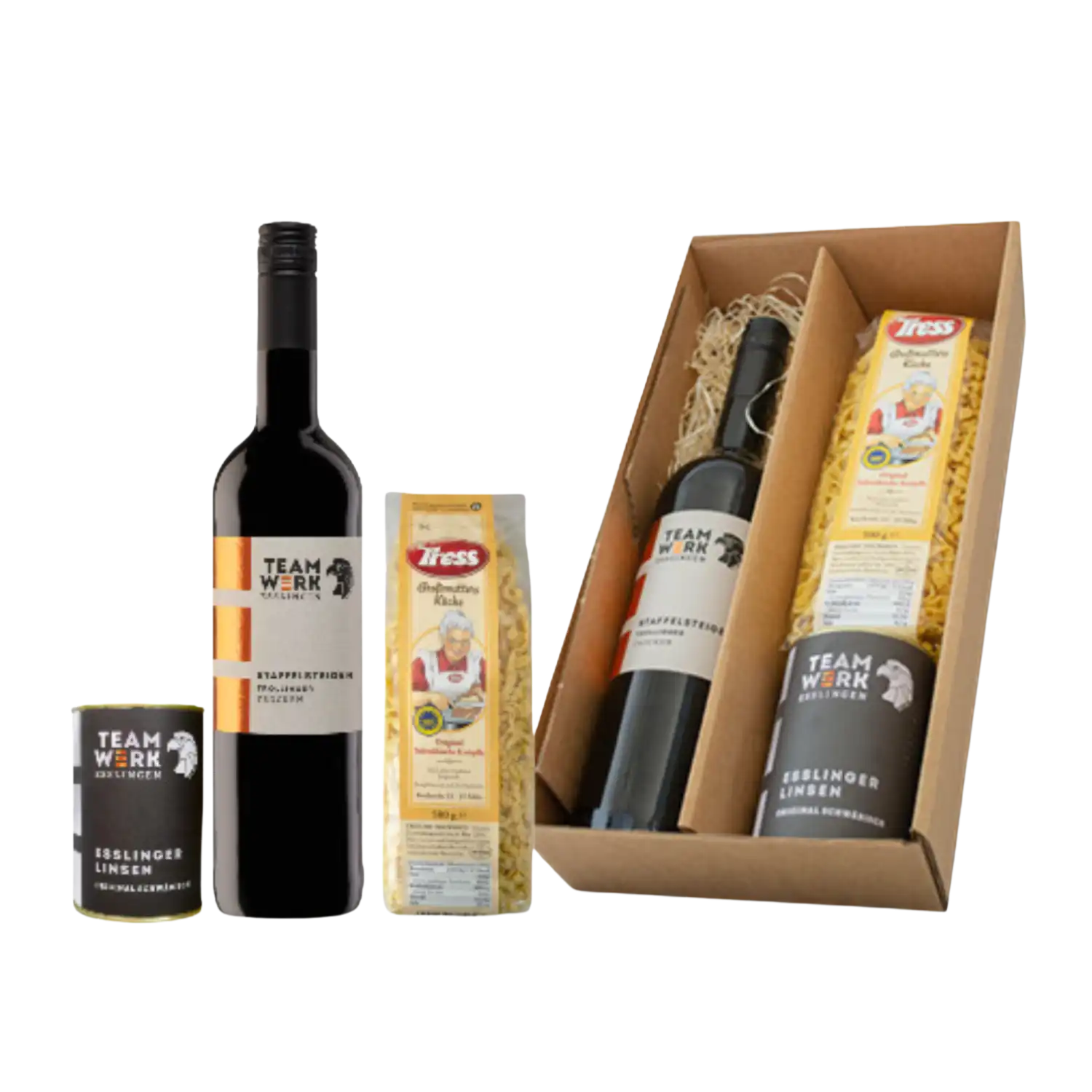 Schwäbisches Schlemmerpäckle mit Trollinger Wein, Linsen und Nudeln.