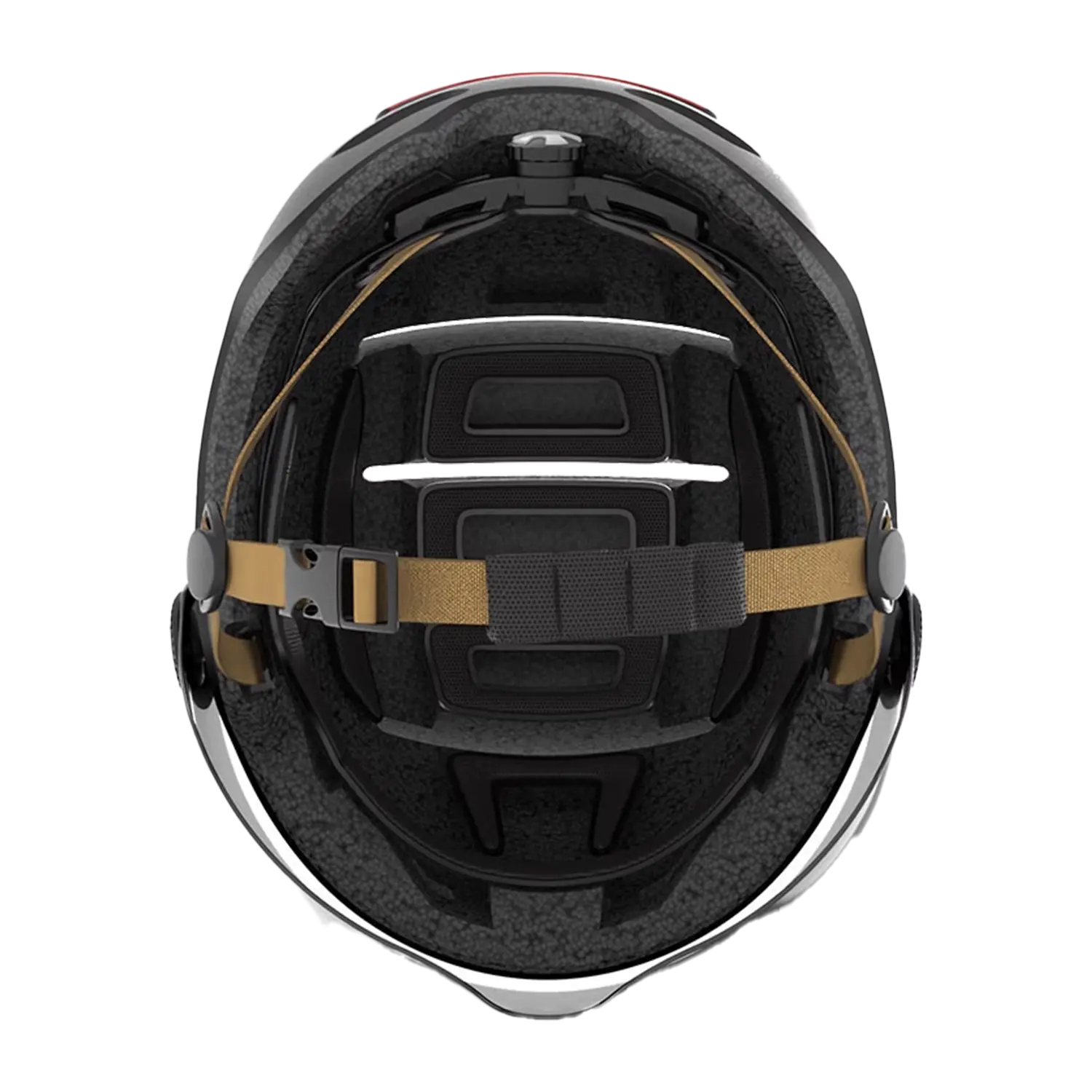 Draufsicht auf den Fahrradhelm mit Visier, Bremslicht und SOS-Alarm in Schwarz, mit gepolstertem Innenfutter, braunen verstellbaren Riemen und einem sicheren Befestigungsmechanismus für optimale Sichtbarkeit und Sicherheit.