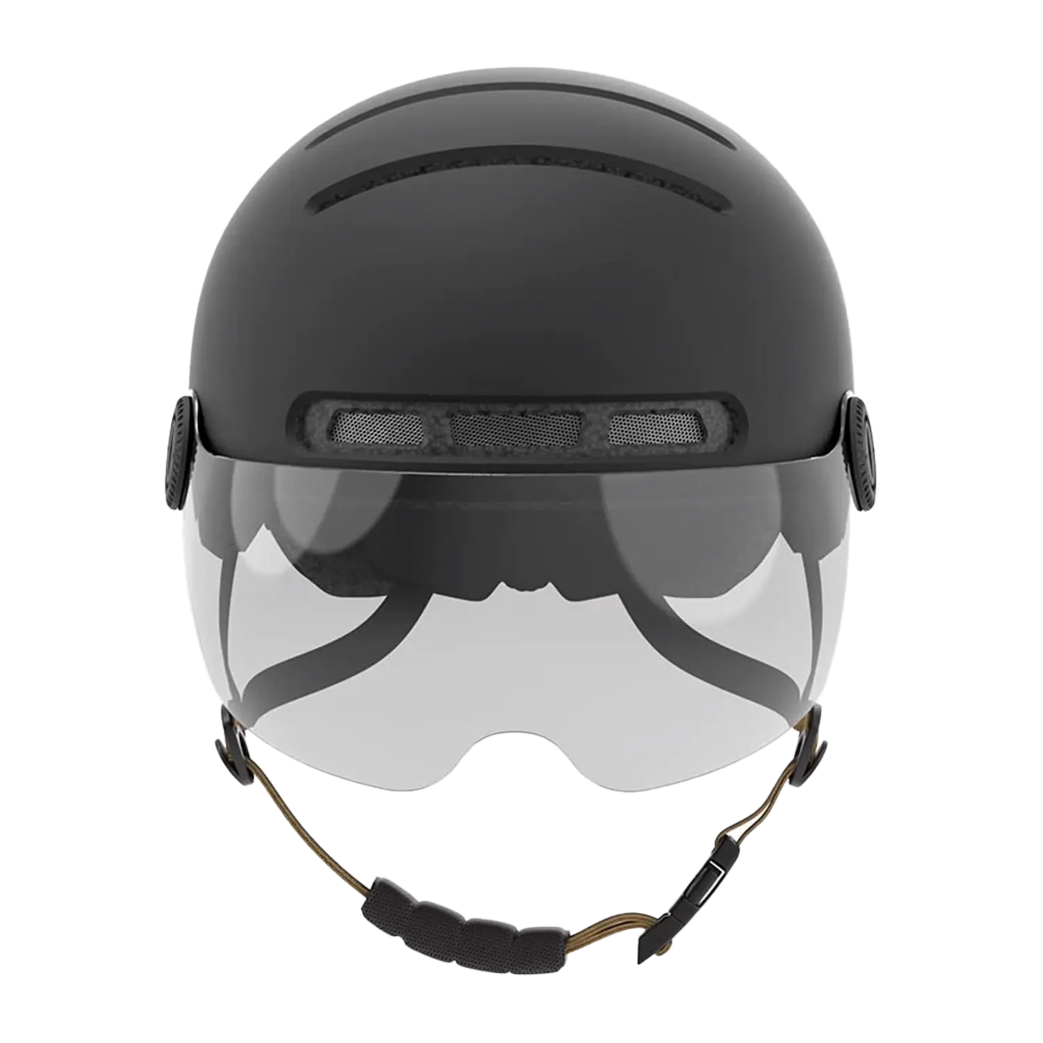 Vorderansicht des Fahrradhelms mit Visier, Bremslicht und SOS-Alarm in Mattschwarz, mit transparentem Visier, Lüftungsschlitzen, seitlichen Befestigungen, verstellbarem Kinnriemen und Sicherheitsfunktionen wie Bremslicht und SOS-Alarm.